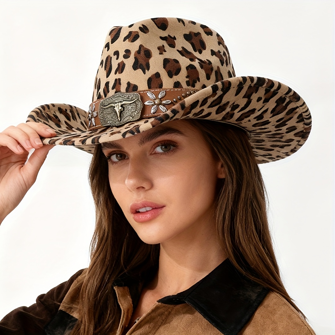 Cow Print Cowgirl Hat with Metal Star Hatband Western Travel Costume Cow Print Rhinestone Cowgirl Hat. Western Wedding. Country  main image 2