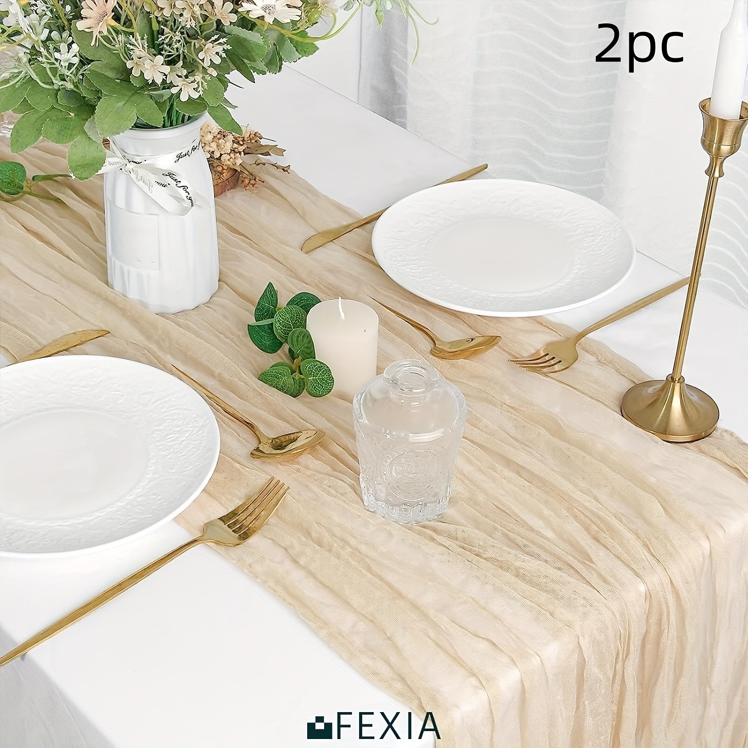 Image of 2pcs Set Of Thick Tablecloths Beige, 35" X 120" Rustic Gauze Bohemian Tablecloth Wedding Table Decoration Cheese Cloth Tablecloth, Suitable For Weddings, Brides, Baby Showers, Birthdays