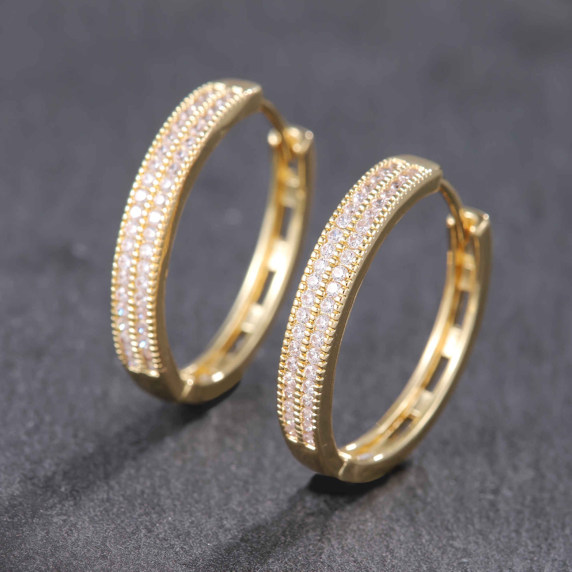 

A Pair Of Luxurious Gold-plated Round Earrings For Women, Featuring Copper Cubic Zirconia, Fashion, Hip-hop Style, Wear, And Parties; A For The Holidays.