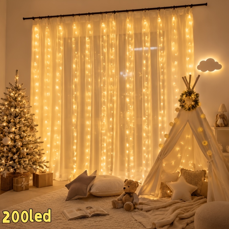 Image of 200/300 Led Fairy Curtain Lights, Battery With 8 Flashing , Indoor String Lights For Bedroom, Window, Wedding, Party And Holiday Decor, Batteries Not Included