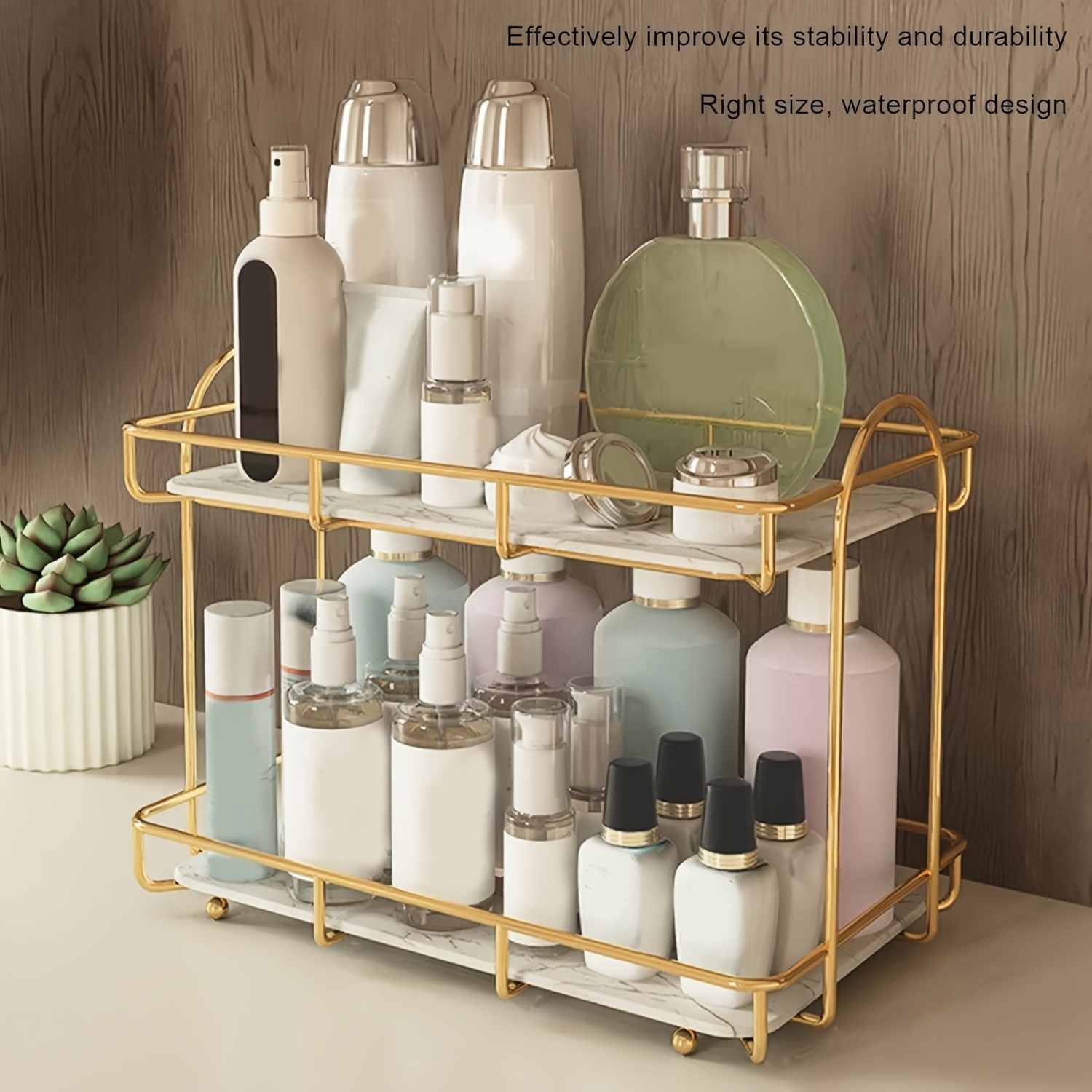 

1pc 2-tier Gold Carbon Steel Bathroom Organizer, Perfume & Cosmetic Storage Display Rack For Vanity Countertop, Easy Assembly, Space-saving Shelf