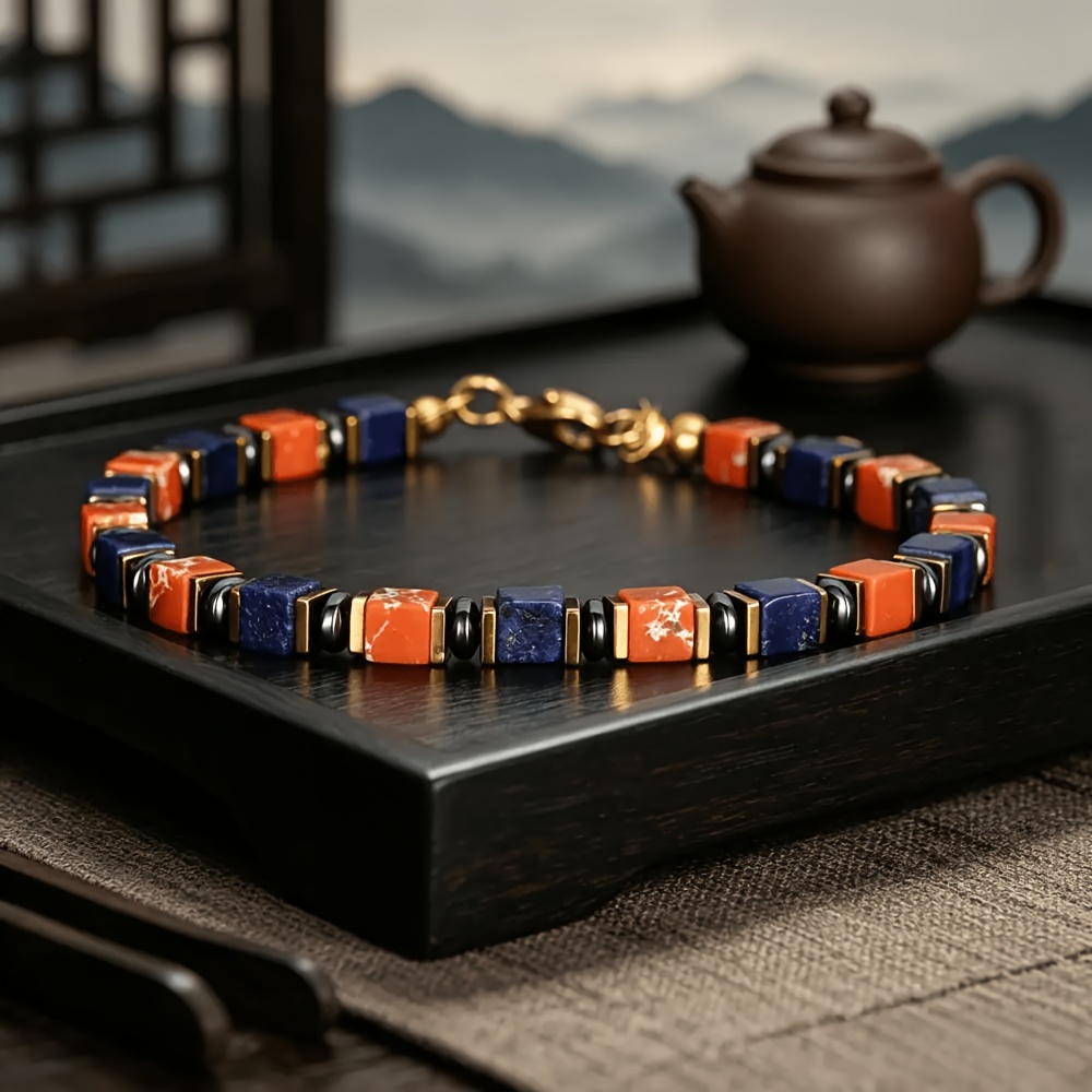 TEMU 1pc 4mm Sedimentary Quartz Square Bead Bracelet, Unisex, With Adjustable Chain, Retro Handmade Jewelry. Suitable For Daily Wear And Occasions,