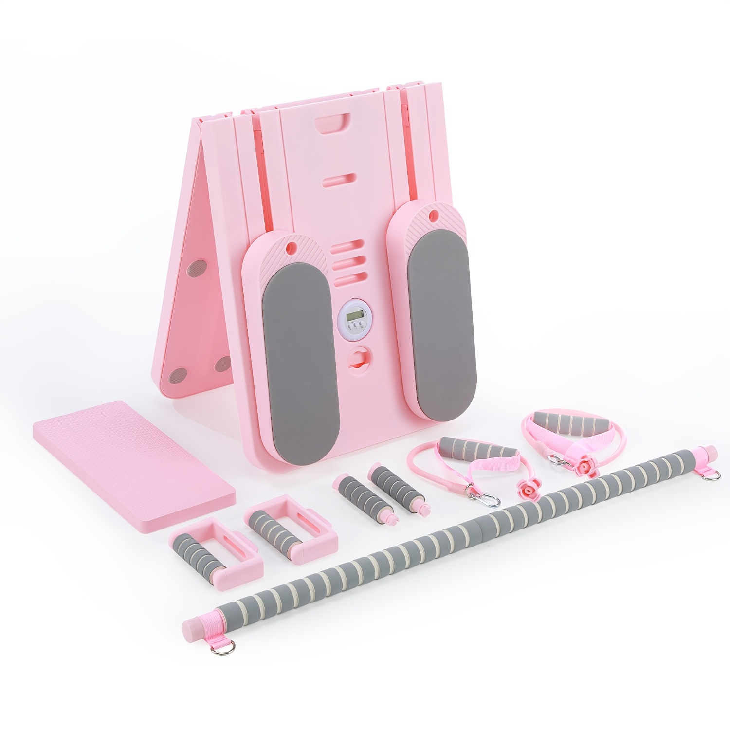 Image of Foldable Pilates Board Reformer With Bar & Resistance Bands | Home Gym Equipment, Push-up Handles, Yoga Pad, Full Body Workout, Pink, Polypropylene, Kehot