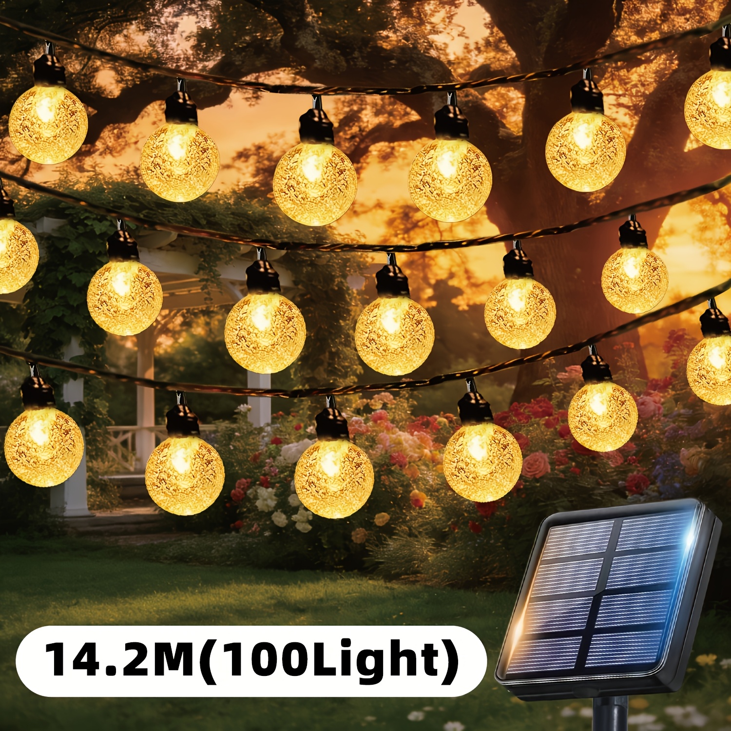 E-shop 1 Packung Solar-Lichterkette für den Außenbereich, 10 Beleuchtungsmodi, 100/50/20 LED-Luftblasen-Kugel-Lichterkette, Lichtsensor Ein/Aus, für