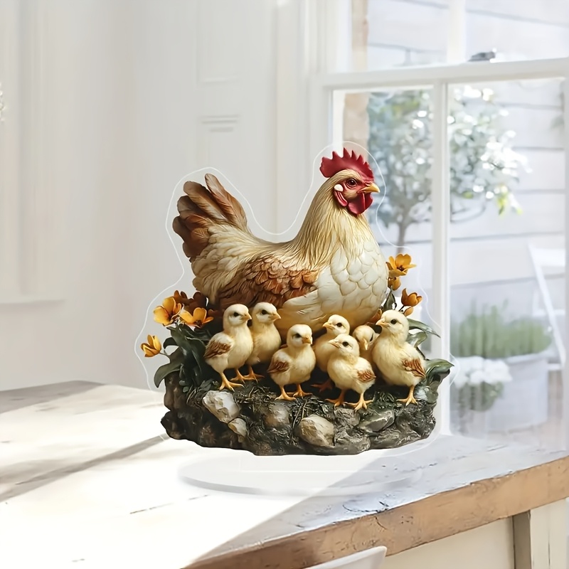 

2d Flat A -style Acrylic Hen And Chick Figurine, Themed Animal Decoration, Displays, Suitable For Indoor And Outdoor Artistic Decor, Measuring 5.7 Inches By 5.7 Inches.