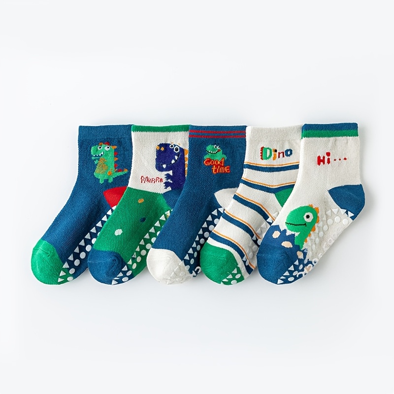 TEMU 5 Pairs Boys' Non-slip Ankle Socks With Dinosaur Pattern - Breathable Ankle Socks Suitable For Kids, Machine Washable Floor Socks For Boys,