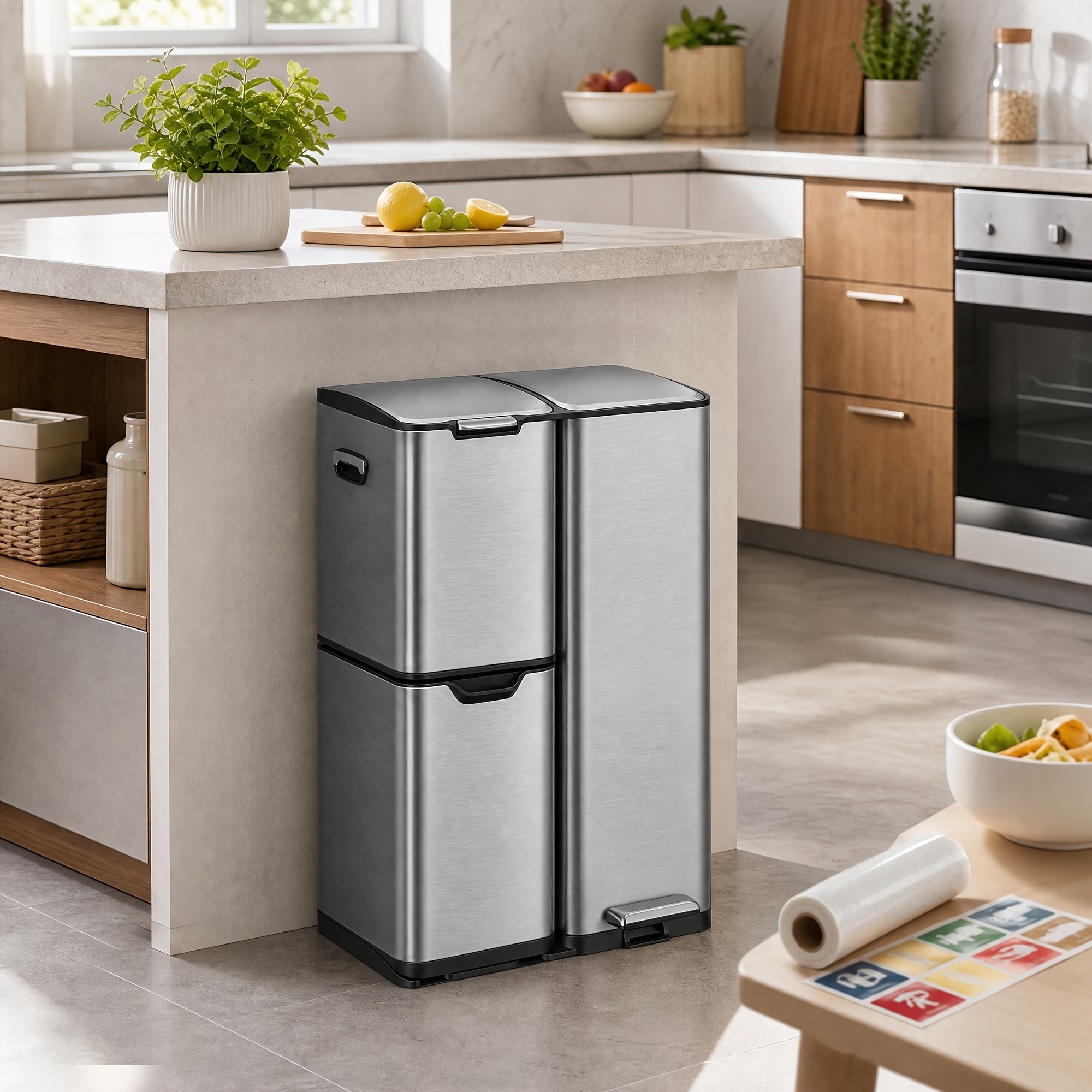 Image of 3-in- Waste System 60l Pedal Bin With 3 Compartments For Waste , Bottle Recycling Bin, Waste Bin, Opening Silent Slow Down, System, 47 X 35 X 72cm, Steel