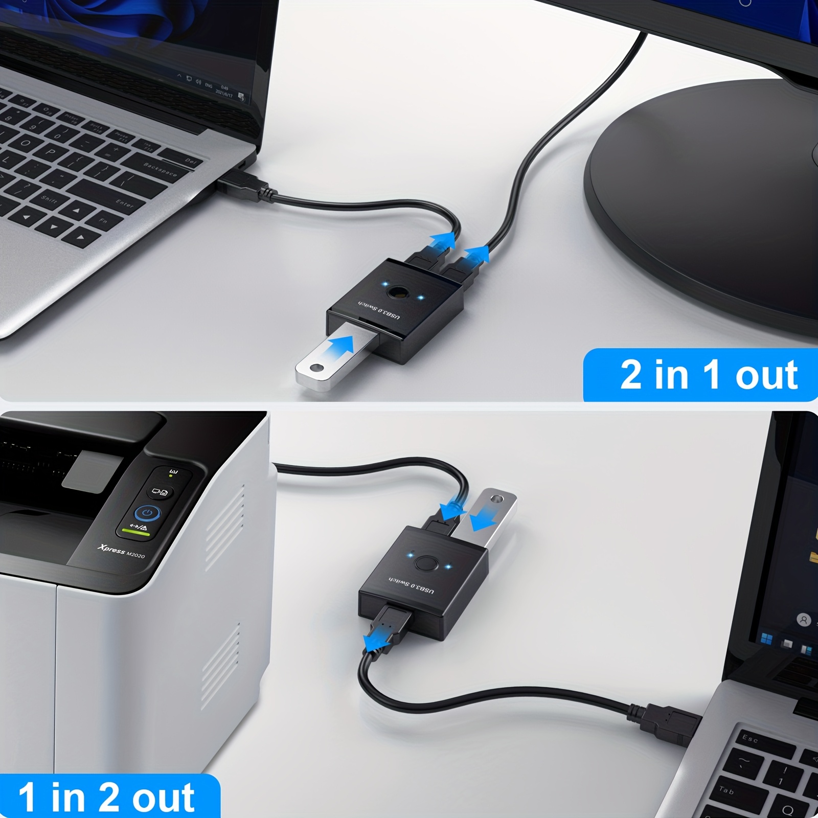 

USB 3.0 pour Switch, USB Bidirectionnel pour Switch 2 entrées 1 sortie/1 entrée 2 sorties Commutateur KVM USB pour 2 Ordinateurs Partage Souris Scanner Imprimante, Compatible avec Mac Windows