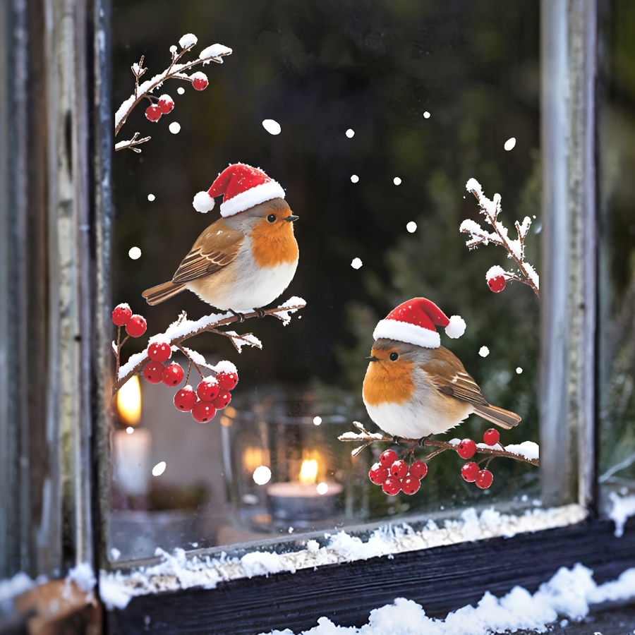 TEMU 2d Flat - 2d Flat Christmas Robin Bird Static Window Clings, Santa Hat Robins On Frosted Snowy Branch Window Stickers Reusable Xmas Glass Decals