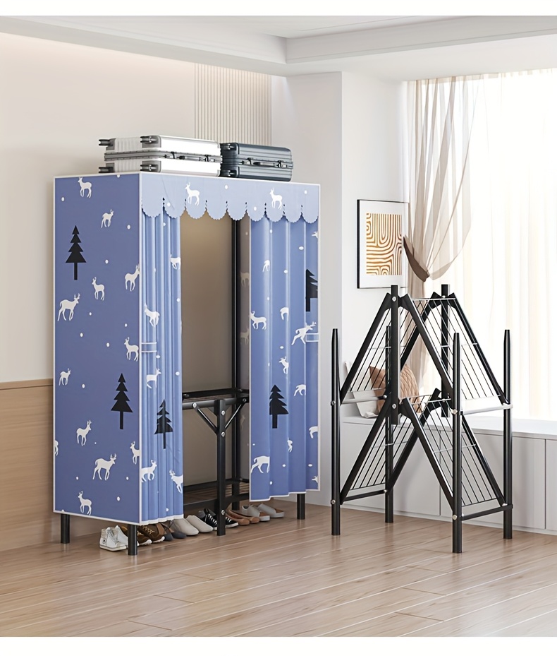  1pc heavy duty sliding curtain wardrobe with hanging rod raised feet shoe storage dust proof cover 198lb capacity space saving closet organizer for home 27 height luggage storage wardrobe clothes organizer storage portable closets Product details 3