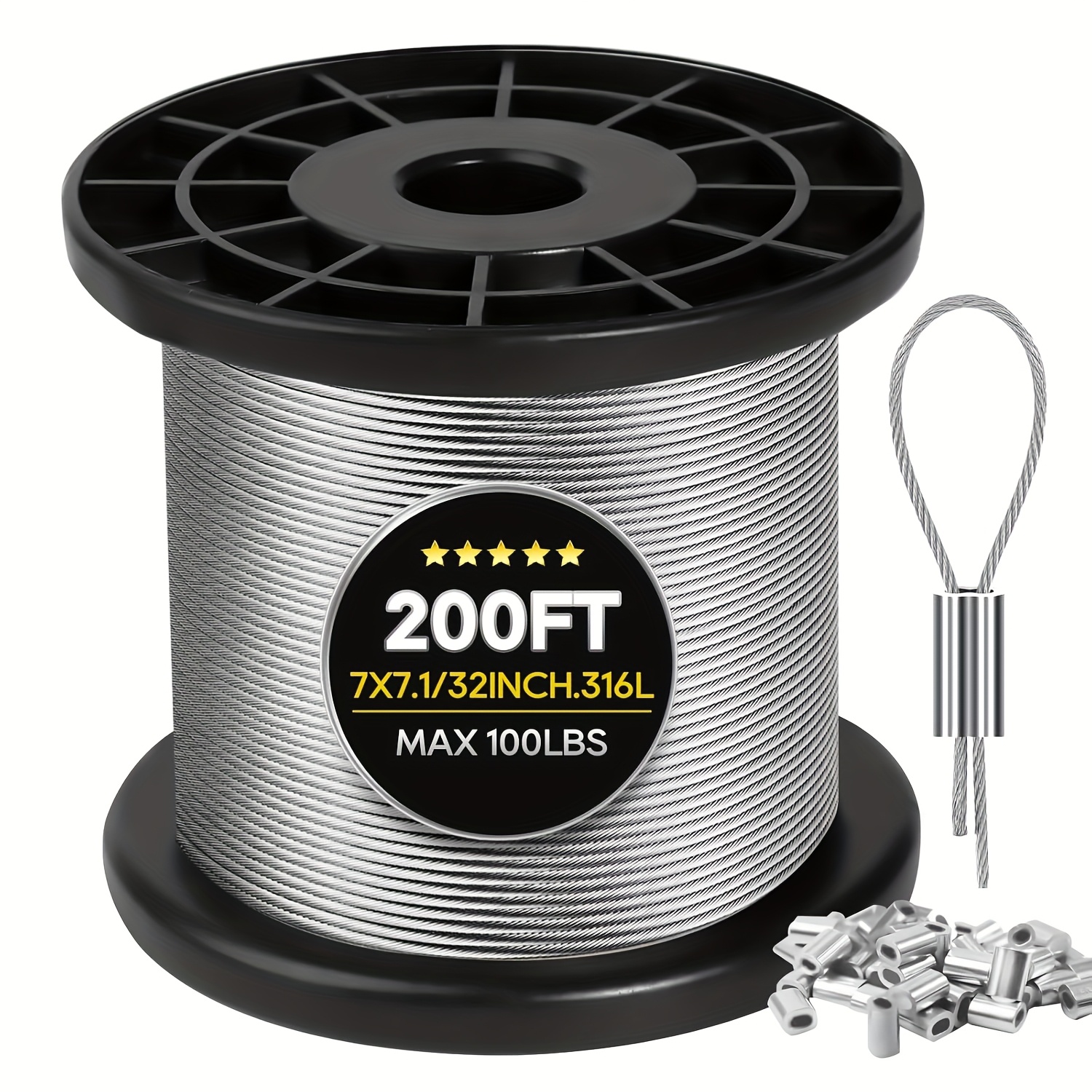 TEMU Steel Cable, 200ft 1/32in Wire Rope 7 X With 50pcs Sleeves Stops, Guide Wire For Outdoor String Lights For String Lights Hanging, Clotheslines,