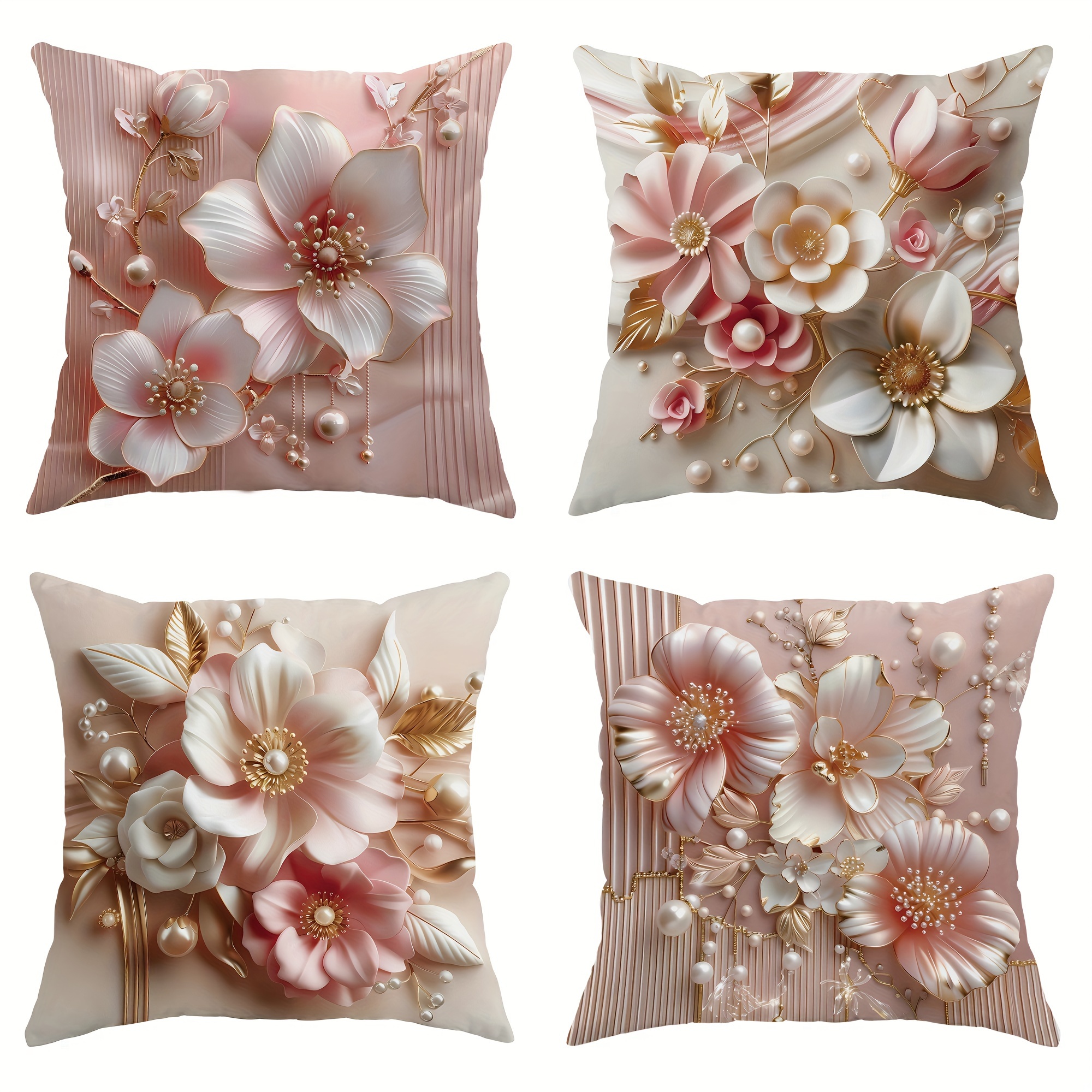 

4-piece Set Luxury Velvet Throw Pillow Covers - Floral Pearl & Golden Design, 18x18 Inches - Perfect For Living Room & Bedroom Decor, Machine Washable With Zip Closure