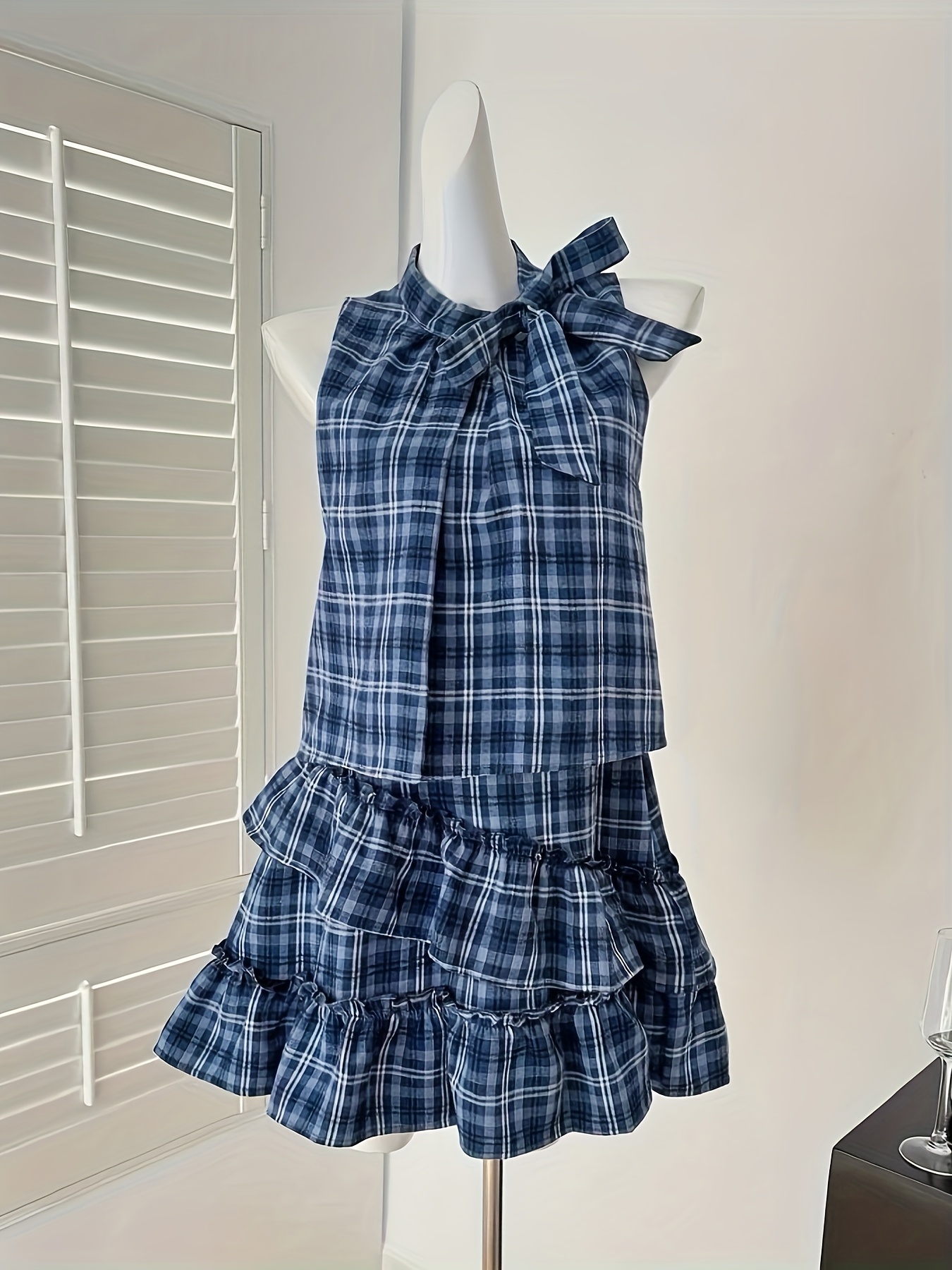 여성용 슬리브리스 블루 플레드 드레스 리플과 보우 디테일 시크 스탠드 칼라 a라인 스커트 여름에 완벽 캐주얼 - Temu  Republic of Korea