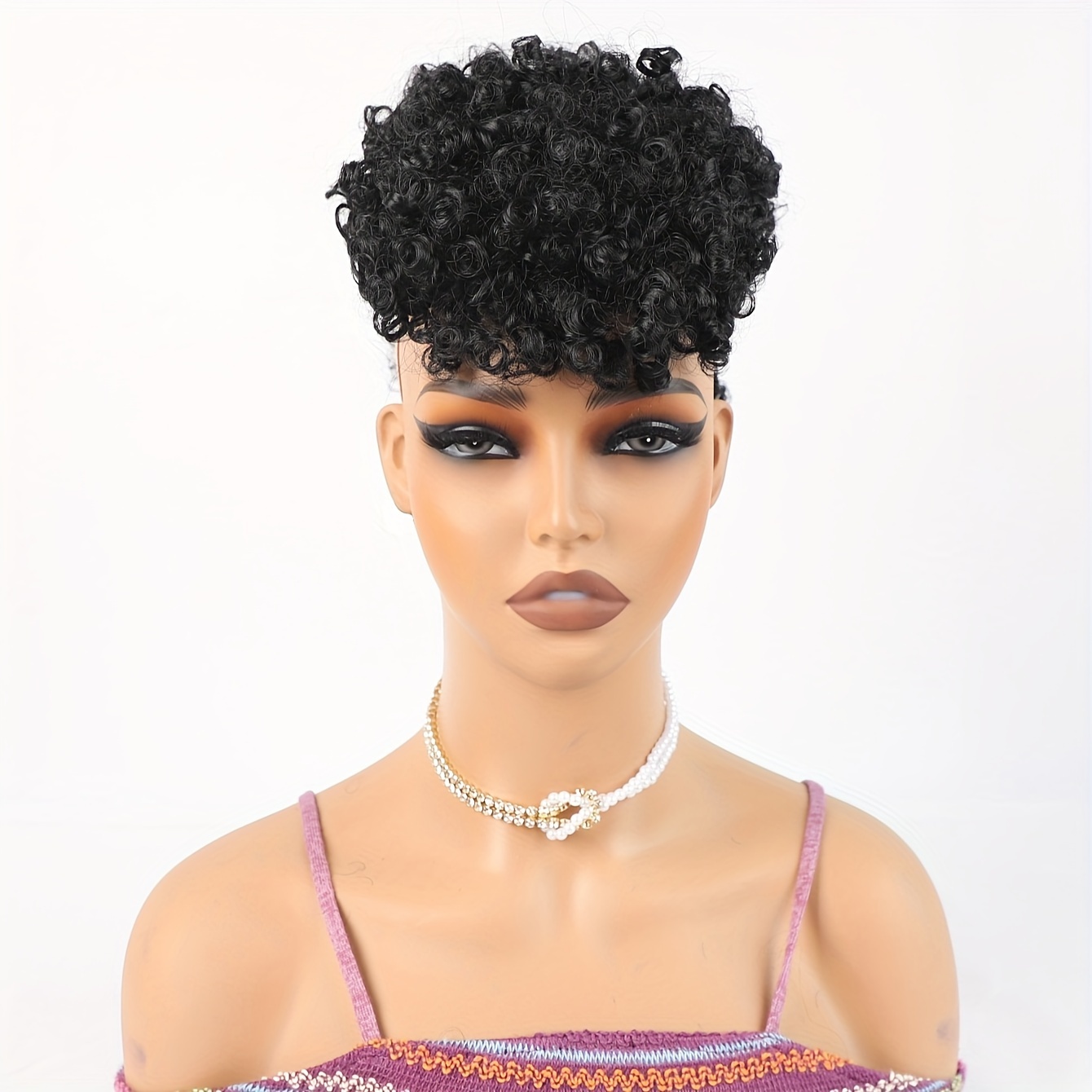 afro high puff hair bun ponytail drawstring with bangs synthetic   curly mohawk   fauxhawks pony tail clip in on ponytails for women hair extensions with six clips details 0