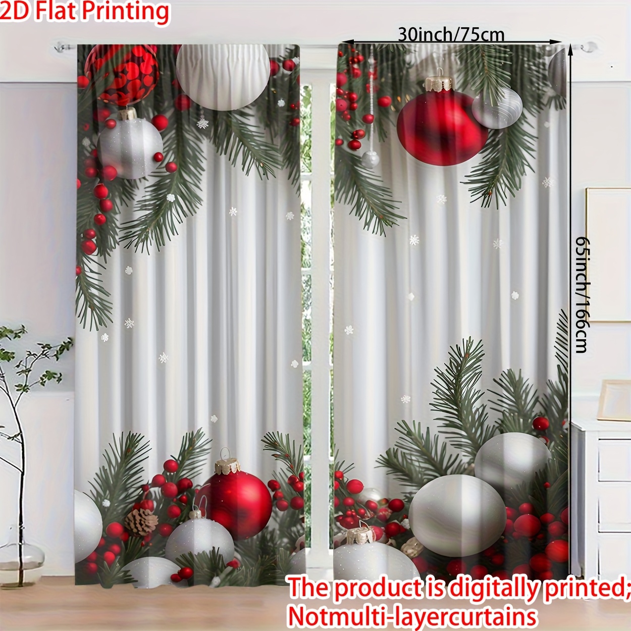 TEMU 2pcs, 2d Flat Print Polyester Material Hd Digital Printed Christmas Theme Decorative Curtains With Holly And Pattern, Suitable For Bedroom,