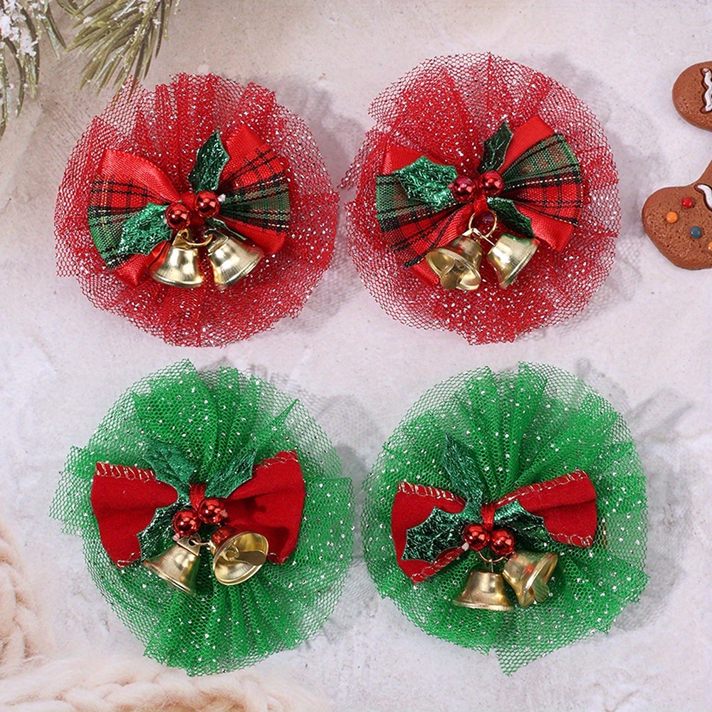 TEMU Juego de 4 pinzas para el pelo navideñas con campanas y , pasadores de tul festivos, accesorios de otoño e invierno para decoraciones de pelo