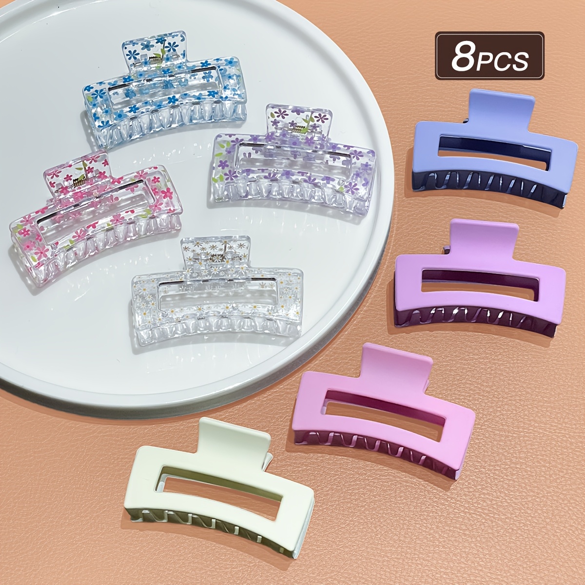 TEMU Lot de 8 pinces à cheveux mignonnes de macaron à imprimé floral + couleur unie, pinces à mâchoire carrées ajourées en résine antidérapante de