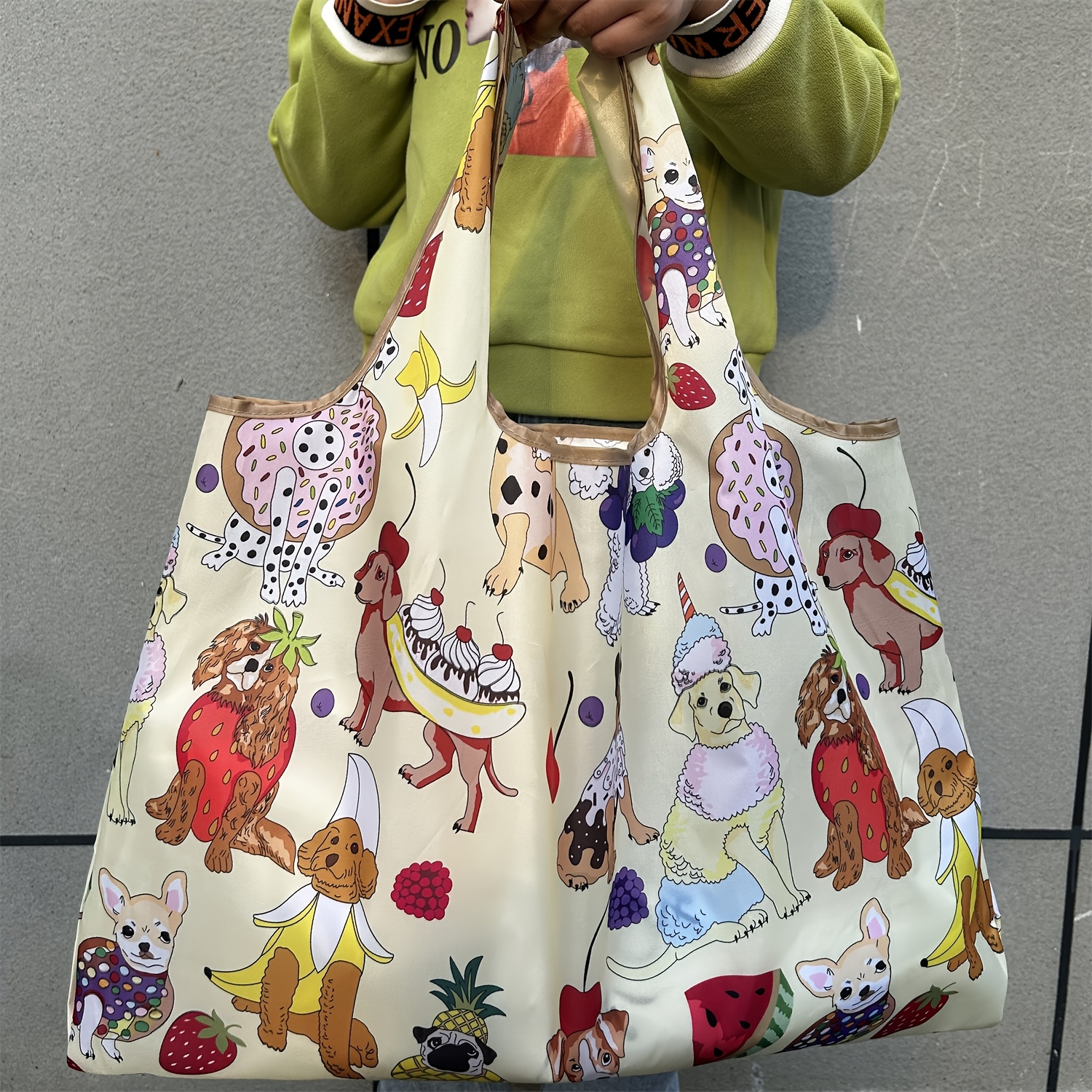 Bolsa de compras grande plegable con diseño de perro de dibujos animados de frutas, bolsa de supermercado de nailon resistente, bolsa de mano, bolsa de hombro para mujer, bolsa de mano adecuada para viajes y camping