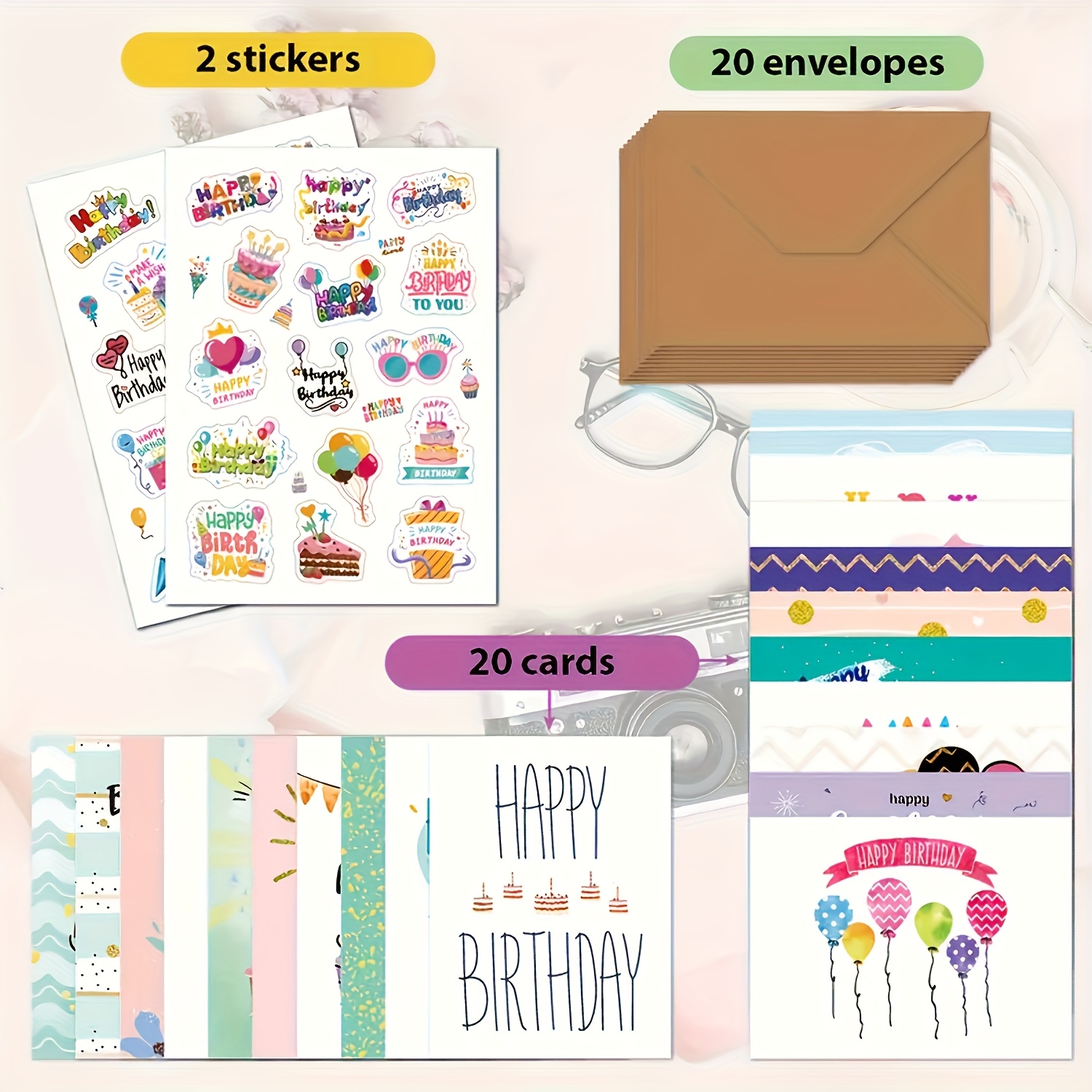TEMU 42 cartes d'anniversaire, comprenant des enveloppes et des autocollants, avec des de dessins animés. Une de petites cartes de vœux adaptées à