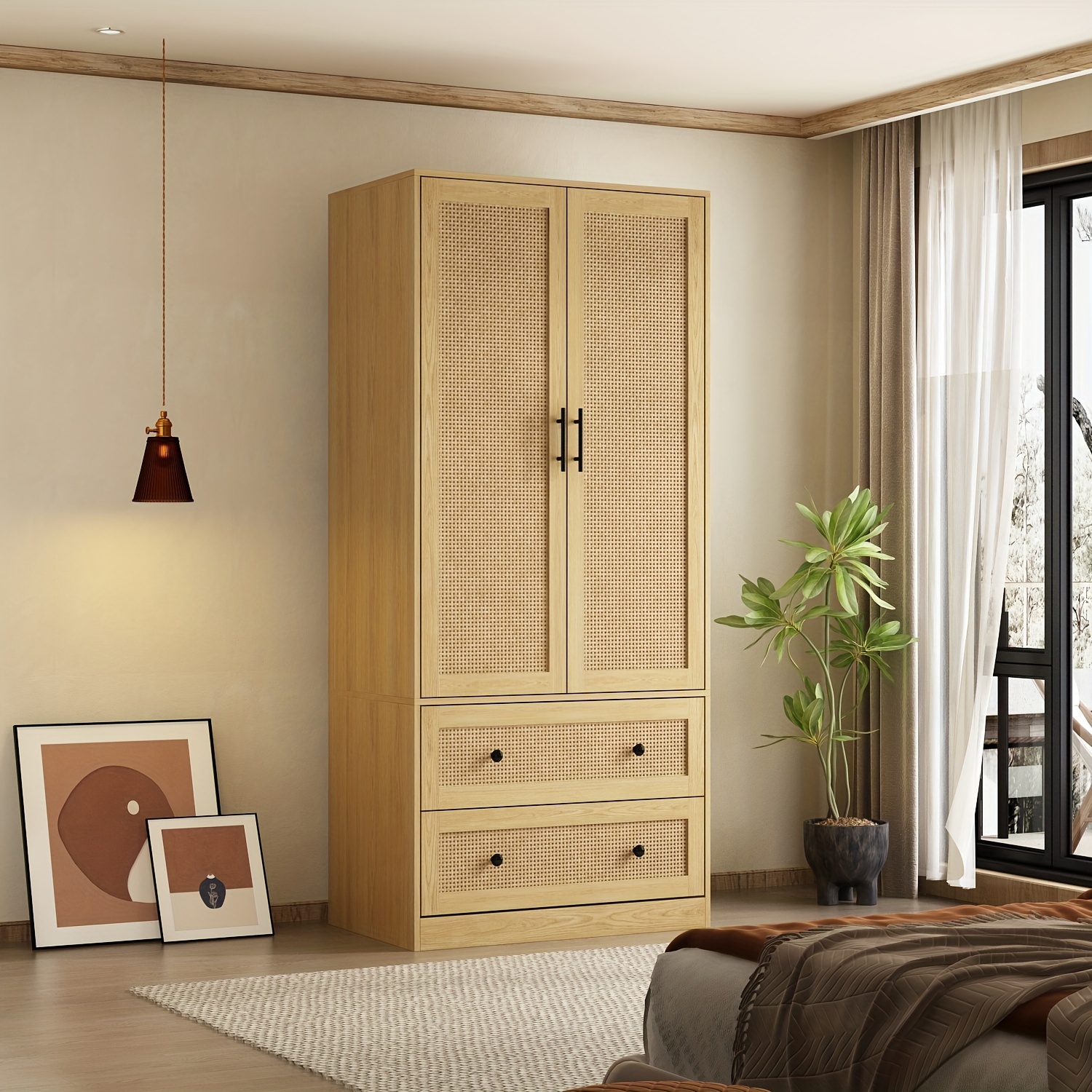 70.9" Tall Wardrobe Closet With Rattan Doors, 2 Drawers And Storage Shelves, Wooden Clothes Storage Cabinet With Hanging Rod, For Bedroom, Large Storage Capacity, Stylish Design, Light Brown