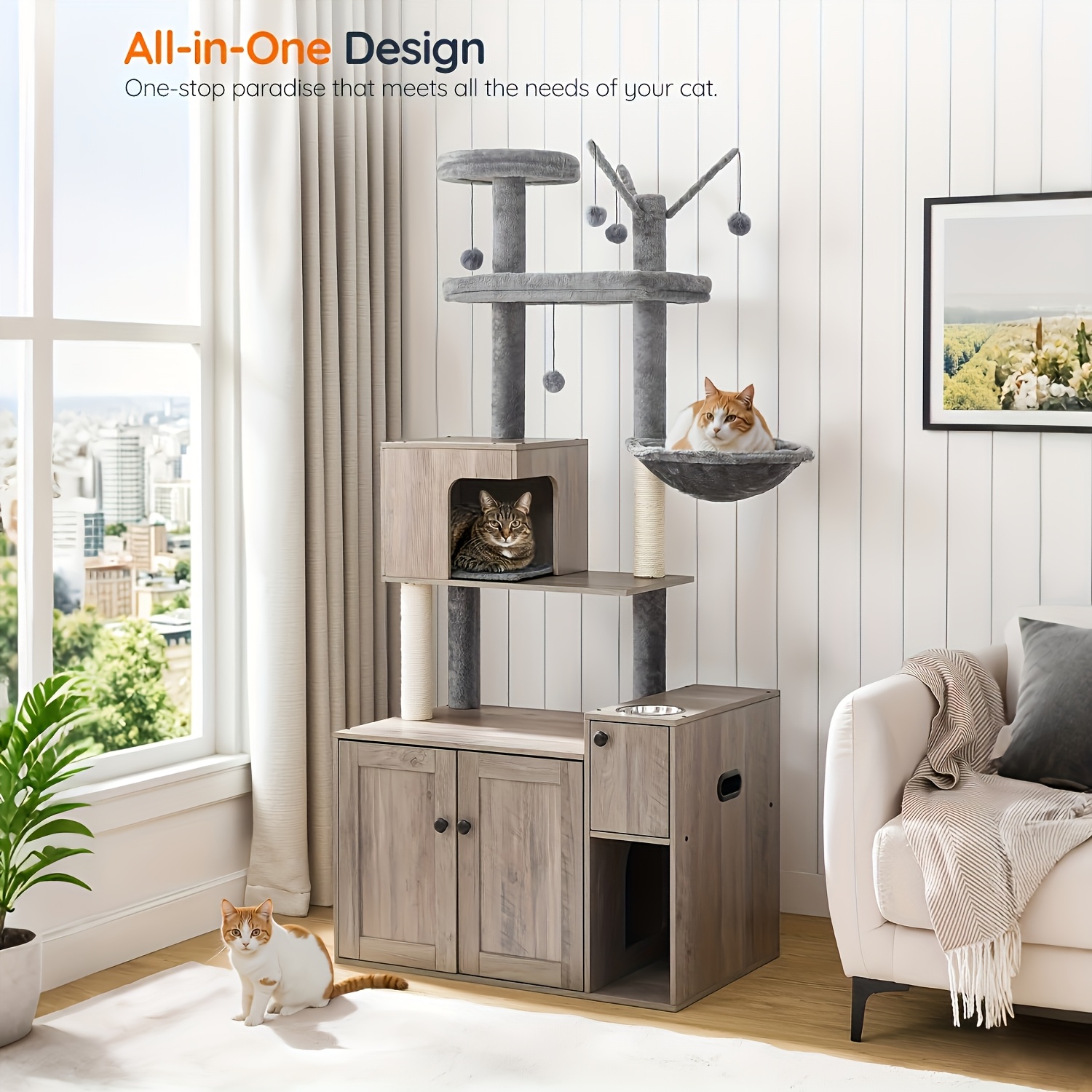 Image of Cat Tree With Cat Litter Box. Multi-functional Cat Litter Box With Cat Tree. 175cm High. Concealed Cat Toilet Furniture. Equipped With Cat Food Bowl, Cat Bed And Hammock. Gray.