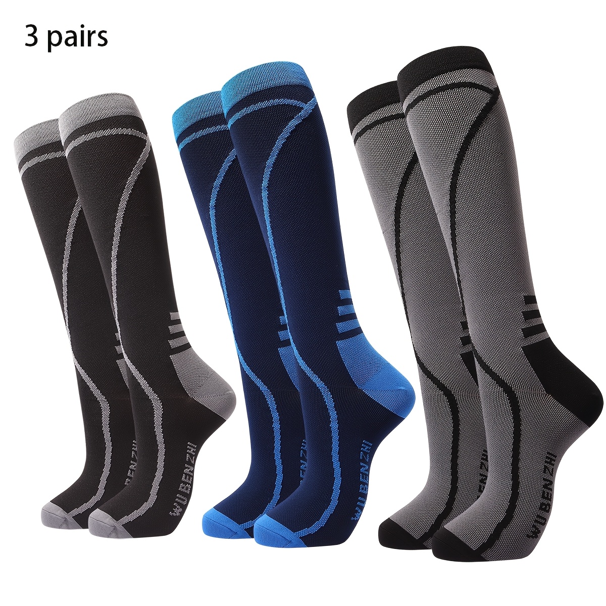 TEMU 3prs Unisex Long Compression Socks Sports Running Socks High Elastic Breathable Quick-dry Calf Support Socks Suitable For Fitness Cycling Travel