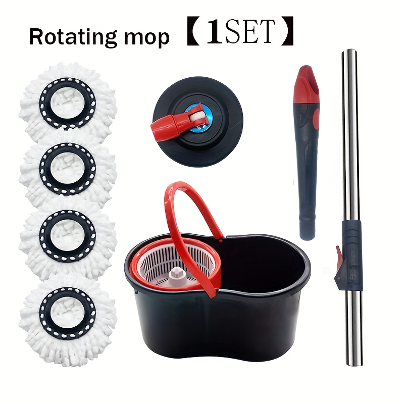 E-shop 360° drehbarer Wischmopp- Eimer-Set, Wischmopp-Eimer mit Kunststoffkorb, Staubmopp, Bodenwischmopp, inklusive 4 Moppköpfen, drehbar,