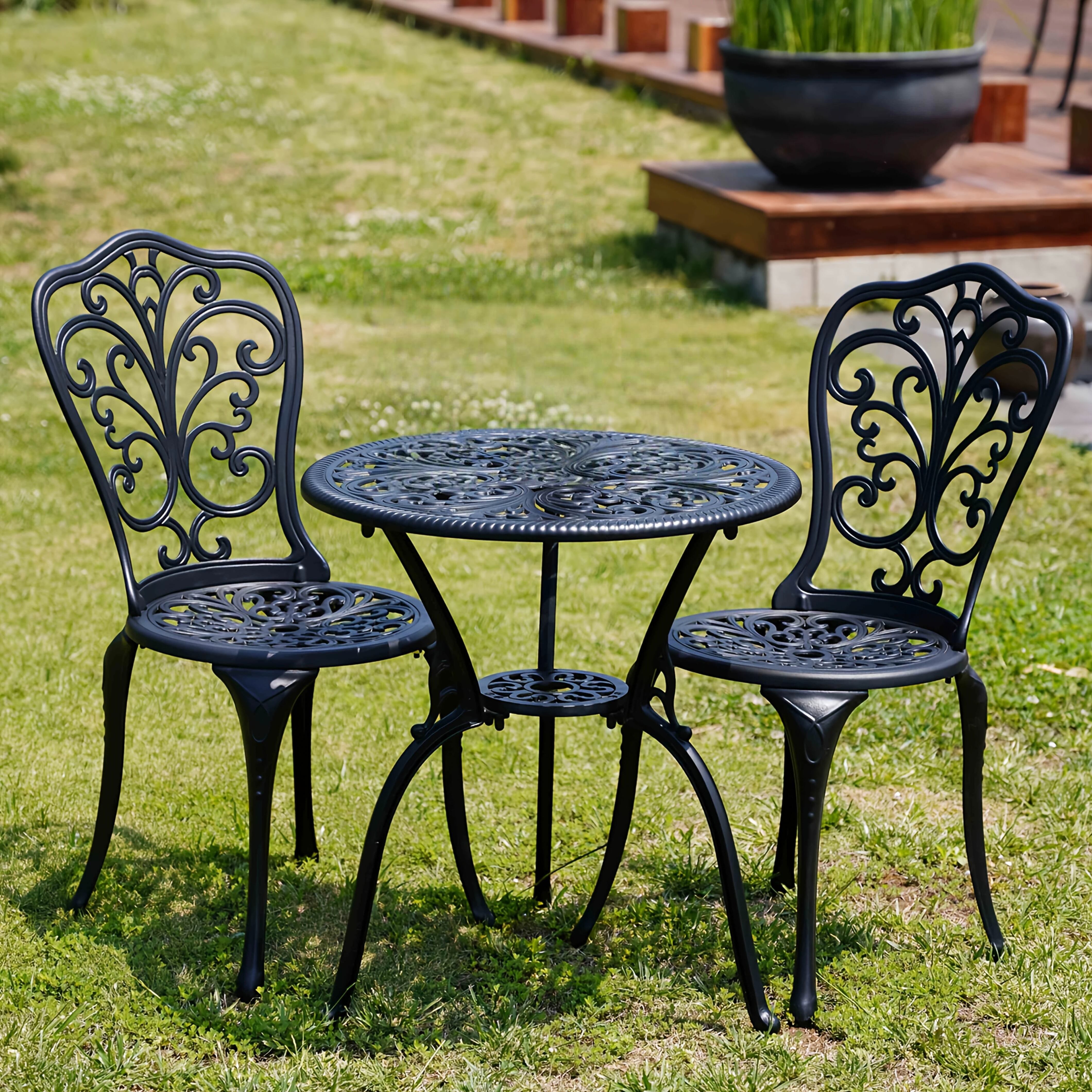   set 3pcs outdoor cast aluminum outdoor bistro table and chair set of 2 with 1 97 umbrella hole all weather bistro table set for front porch set  