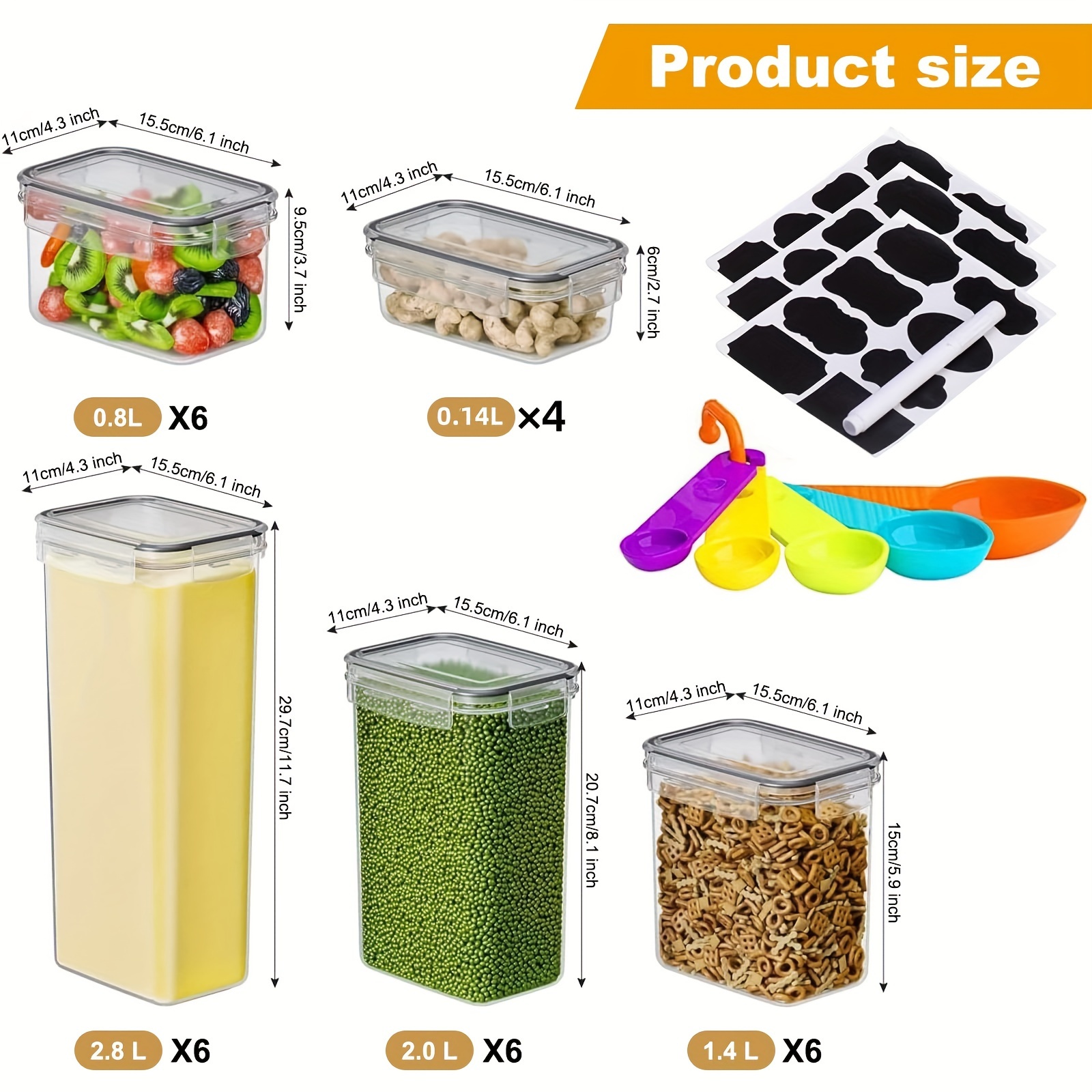 56pcs plastic kitchen and pantry storage jars sealed food storage containers with lids 28 lids 28 boxes for cereals dry food flour and sugar bpa free contains 24 labels black details 5