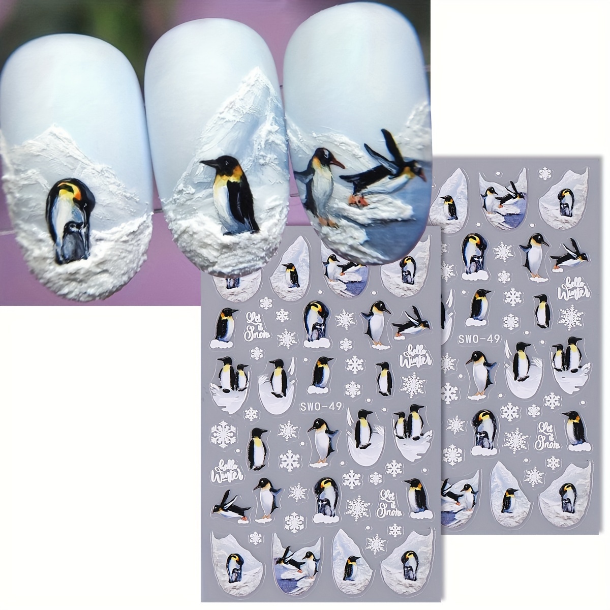 

Lot de 2 autocollants d'hiver pour ongles en de SWO-49, motif animal, plastique, auto-adhésifs, accents brodés, jetables, thème , rectangulaires, mate, parfum.