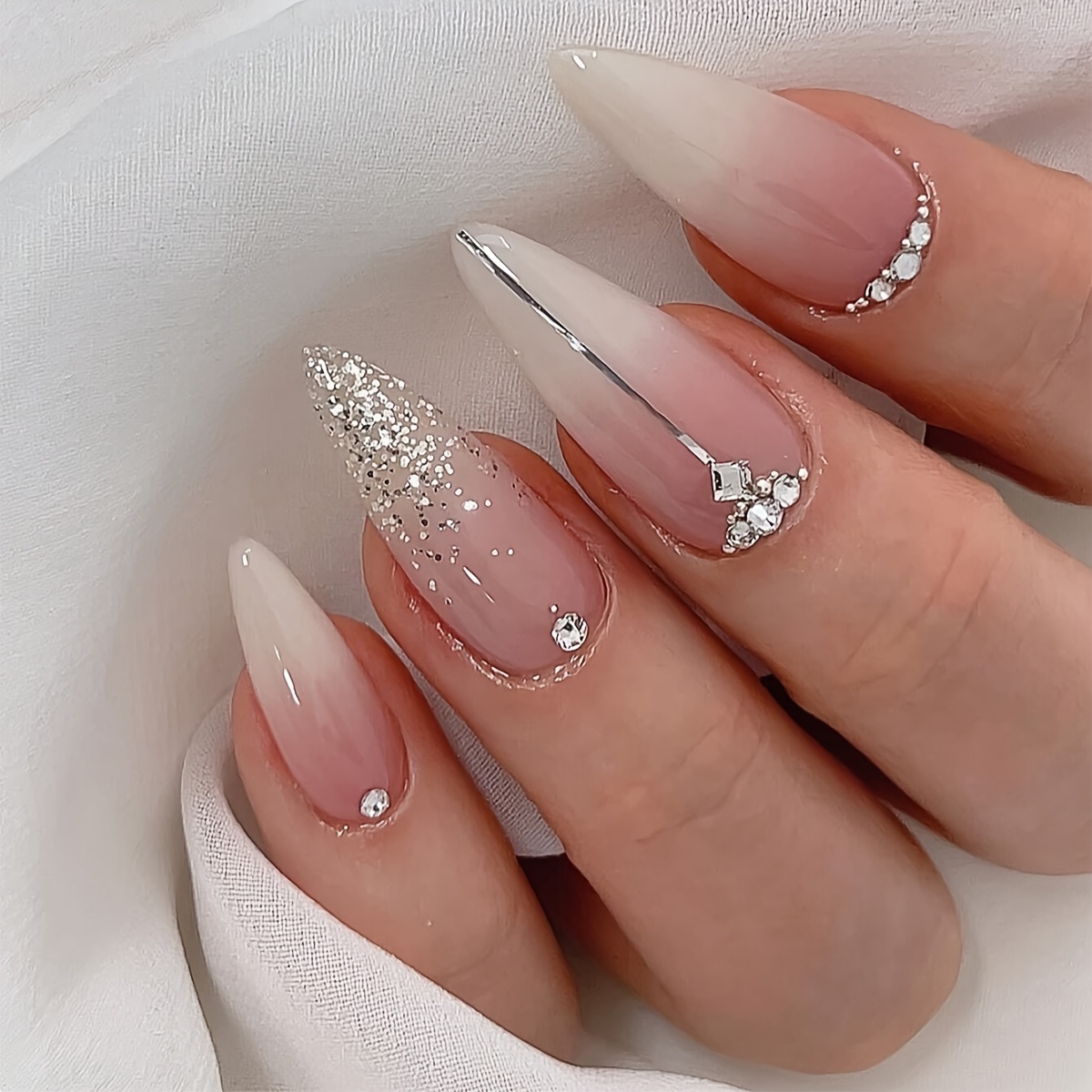 

24-piece Almond Shaped Press-on Nails Set - Middle Length Gradient Mixed Tone With Rhinestones And Glossy Finish - Women's Fashionable Easy To Wear Nail Extension Kit