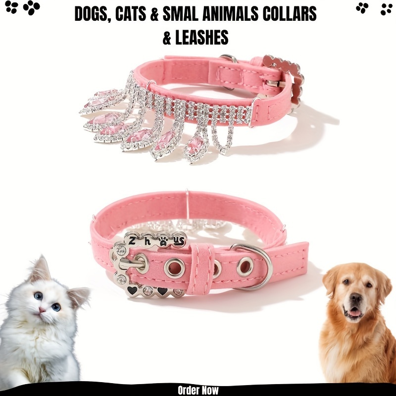 

Adjustable Fashion Jeweled Pet Collar And Leash Set For Dogs, Cats, And Small Animals - Elegant Design, Leather Material, Hand Wash Only