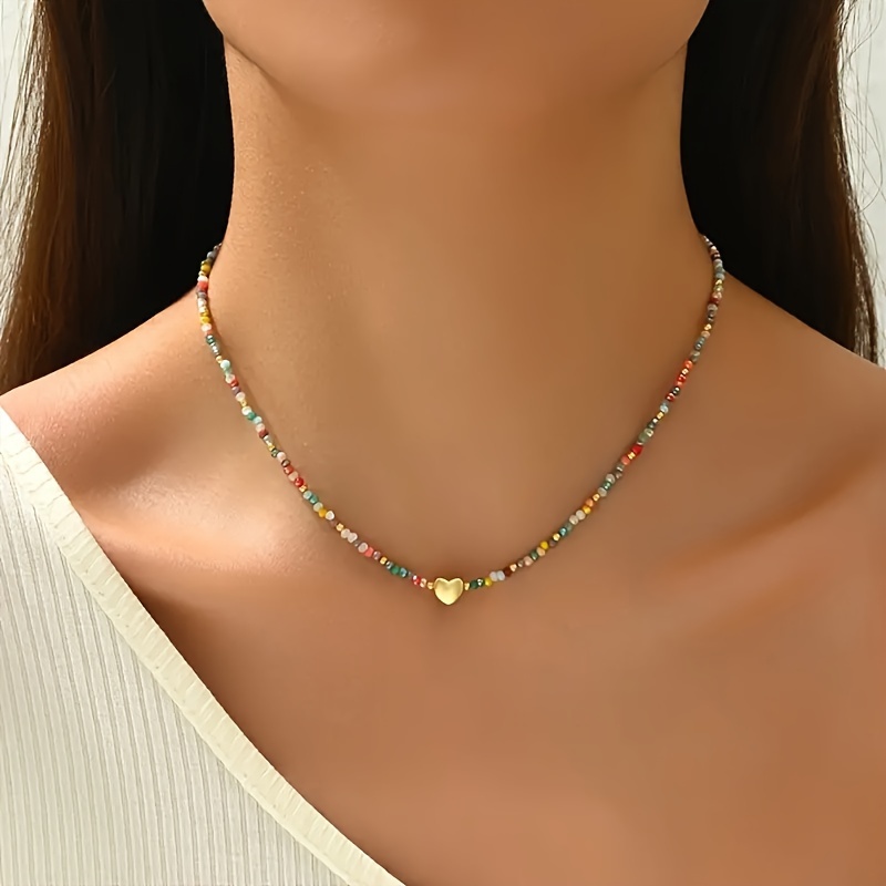 

Colorful Glass Beaded Choker Necklace With Heart Charm - Cute And Elegant, Ideal For Vacation, Everyday Wear, And Parties - Versatile Accessory For All Seasons