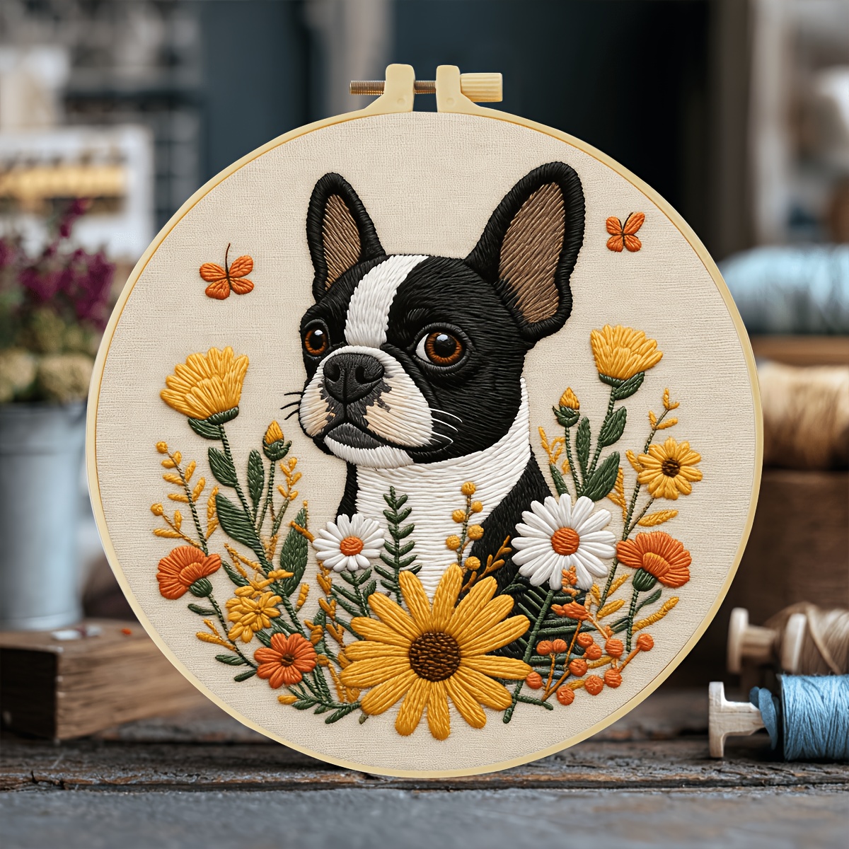 TEMU New Embroidery Kit, 20x20cm/7.9x7.9inch, Cute Bull Terrier, Handmade Embroidery Kit, Suitable For Embroidery Enthusiasts And Adult Beginners,