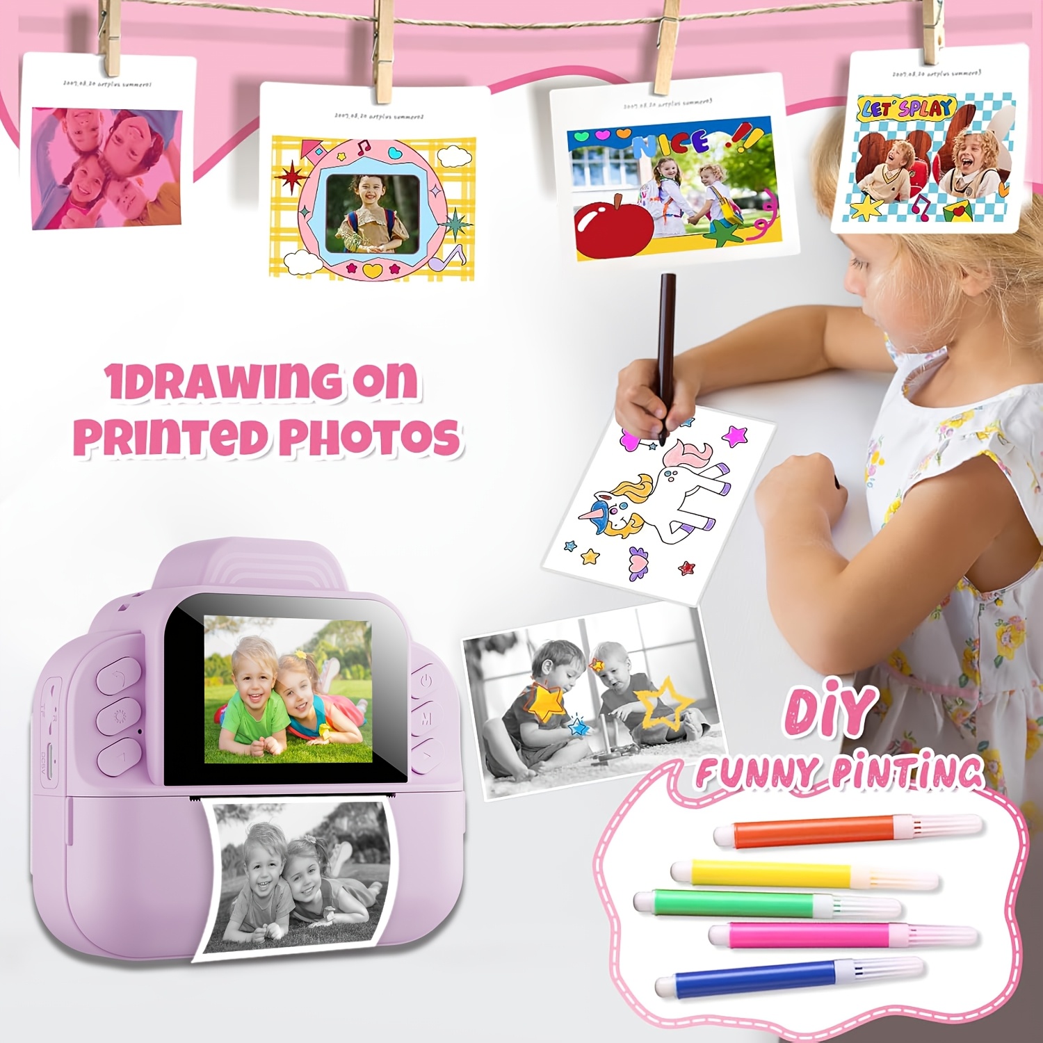 MUNBYN Kids Instant Print Camera - 3-Color Printing, 1080P Video, 32GB Card, 5 Rolls Paper, For Ages 3-12 (Pink)