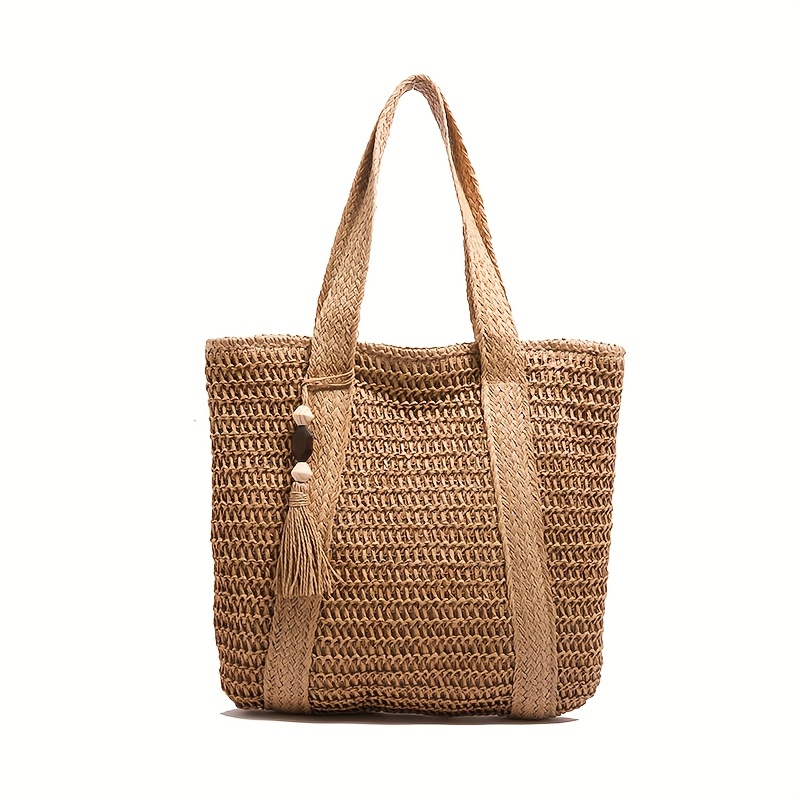Minimalist Woven Design Shoulder Bag, Tassel Embellished Handbag, Women's Beach Bag