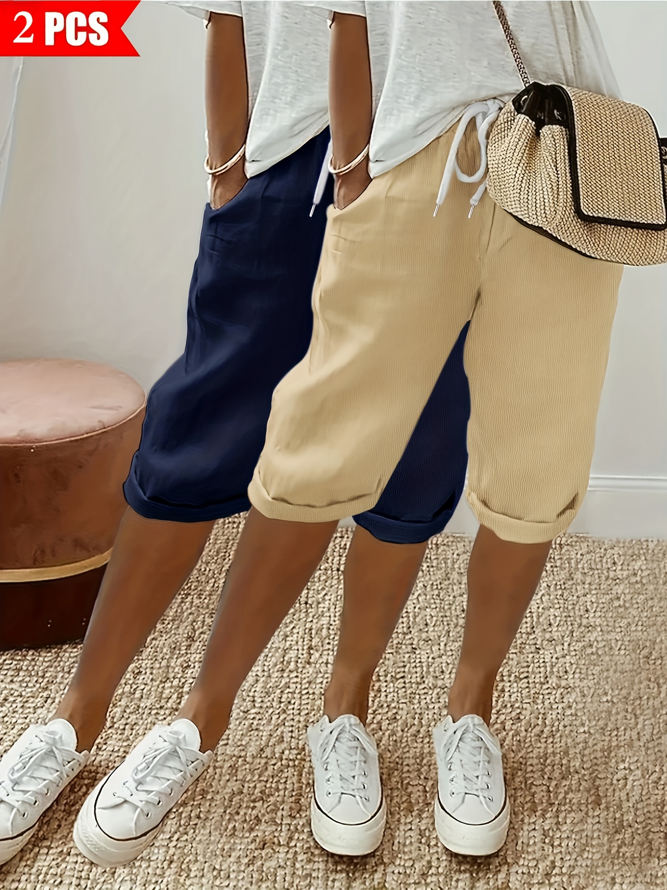 2pcs womens shorts set   with drawstring waist soft and comfortable fabric slightly pleated design practical pockets   summer navy apricot 0
