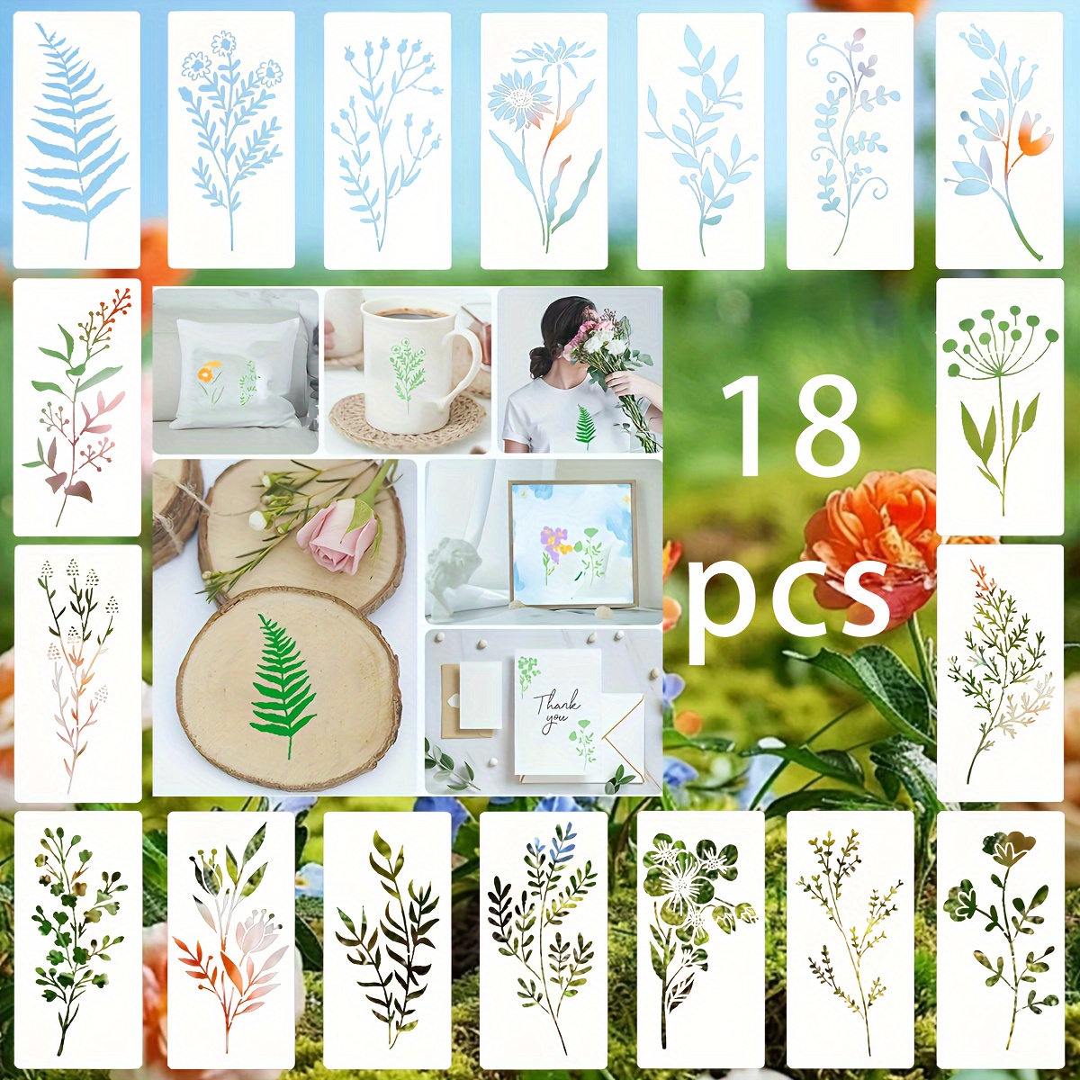 

18-piece Wildflower Stencil Set For Painting, Plant Templates For Wood, Wall, Canvas Crafting, Pet Material, 3x6 Inches