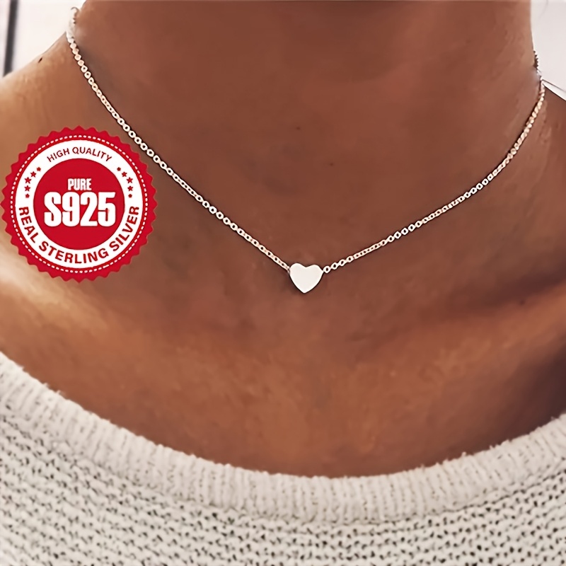 TEMU 925 Pure Silvery Compact Love Pendant Necklace Plain Chain Low Allergy Minimalist Cute Temperament Multifunctional Jewelry Valentine's Day Party Wedding Jewelry Women's Gift