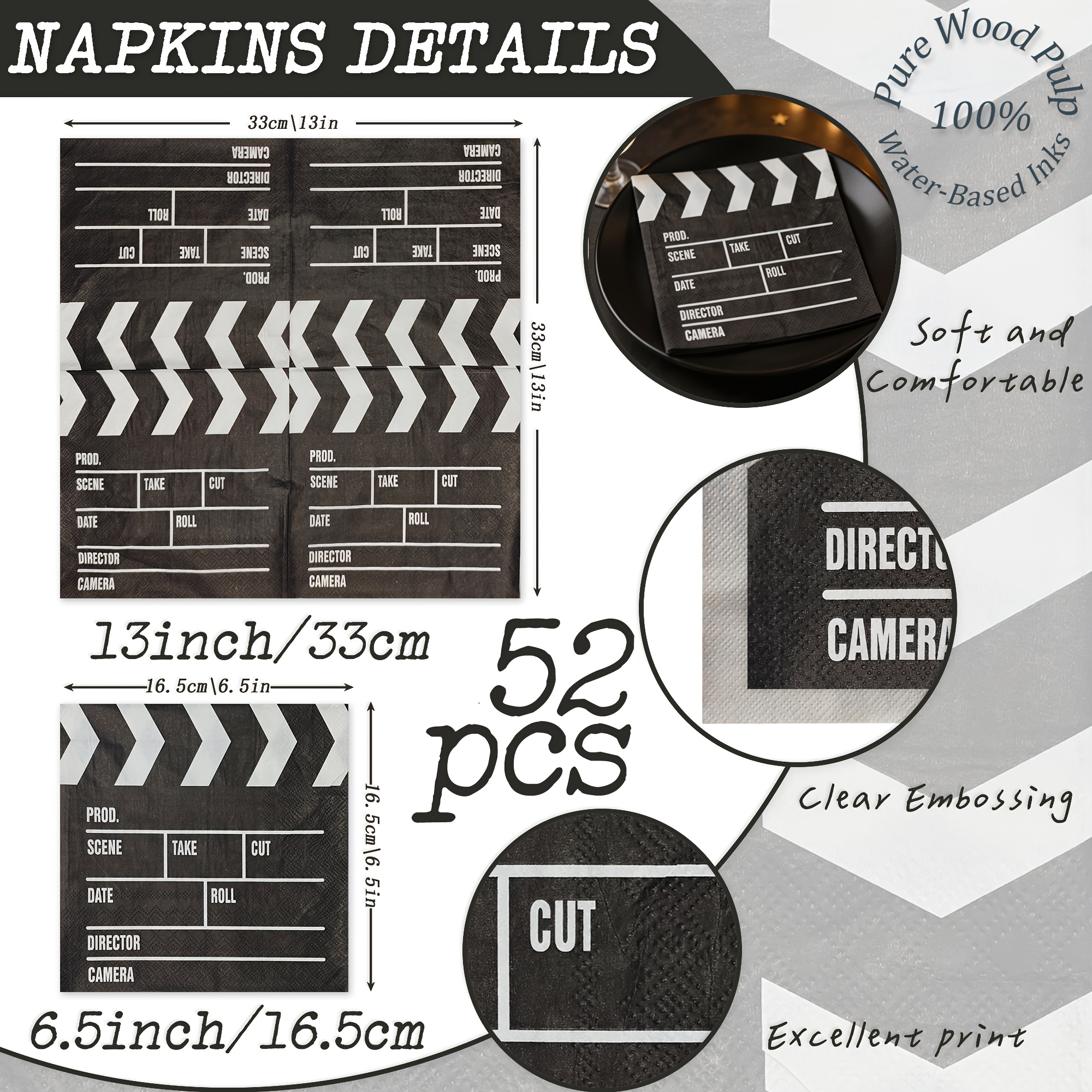 TEMU Lot de 52 serviettes en papier à double , motif planche à clapets de cinéma, pur de bois, 33x33cm, 2 épaisseurs, jetables et décoratives, pour