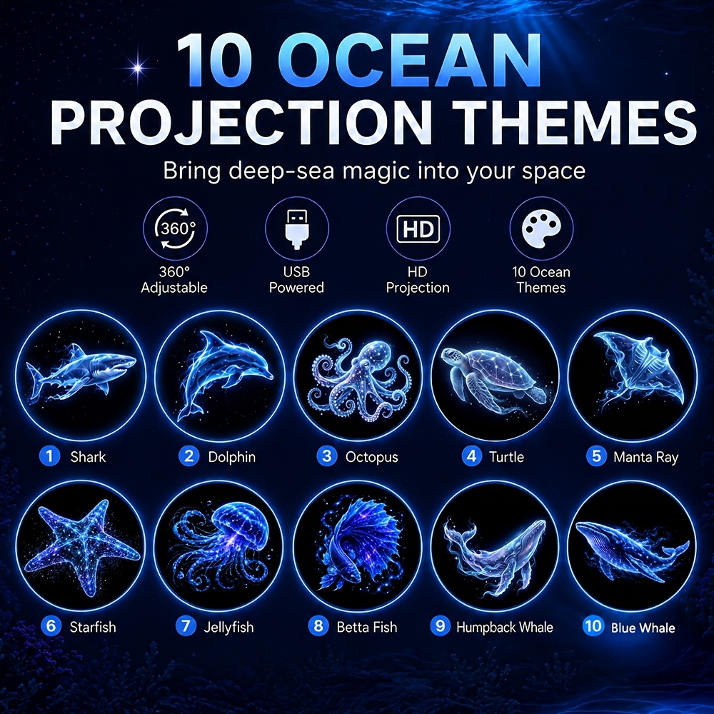 TEMU Lampe à projection sur le thème de l'océan, 10 d'animaux au choix, réglable à 360°, lampe à projection USB, avec de , requin, , tortue et de mer