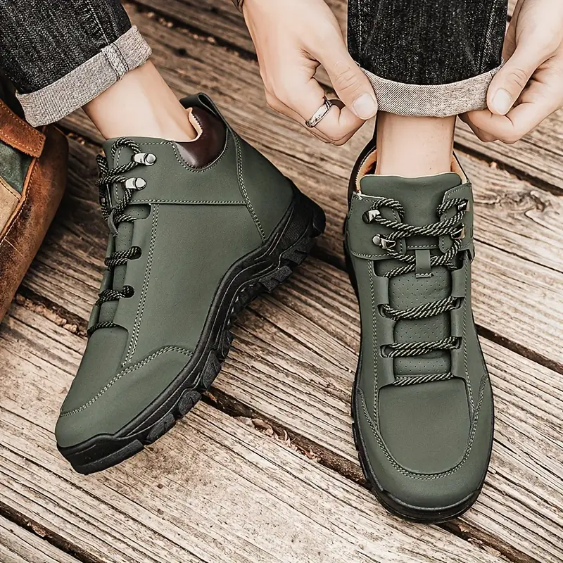 1pair vintage style mens high top casual sneakers solid color lace up upper fabric inner pvc sole round toe for hiking daily wear Product details 3