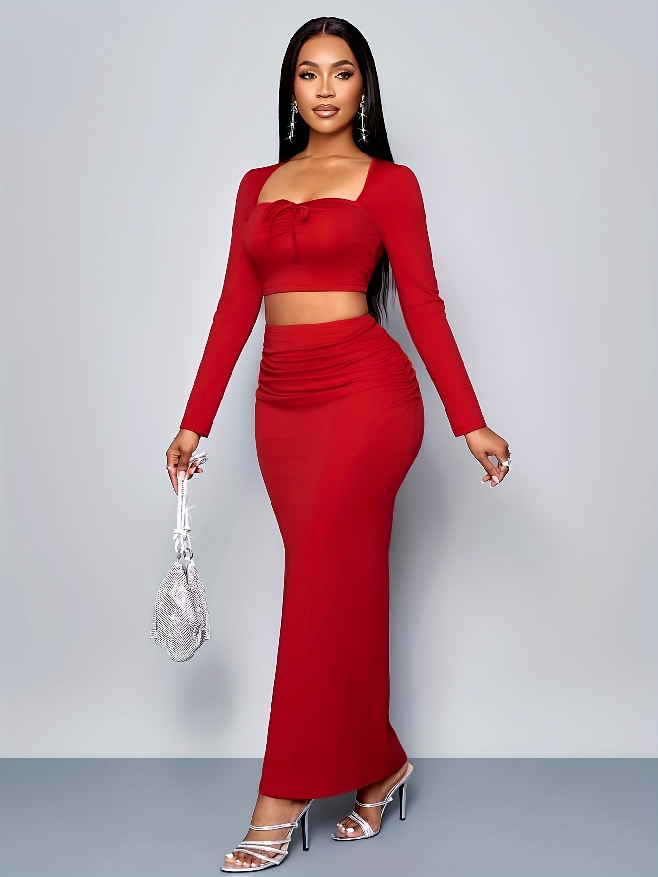 Bodycon Red Skirt Ensemble Women's Casual Bodycon Skirt Two Piece