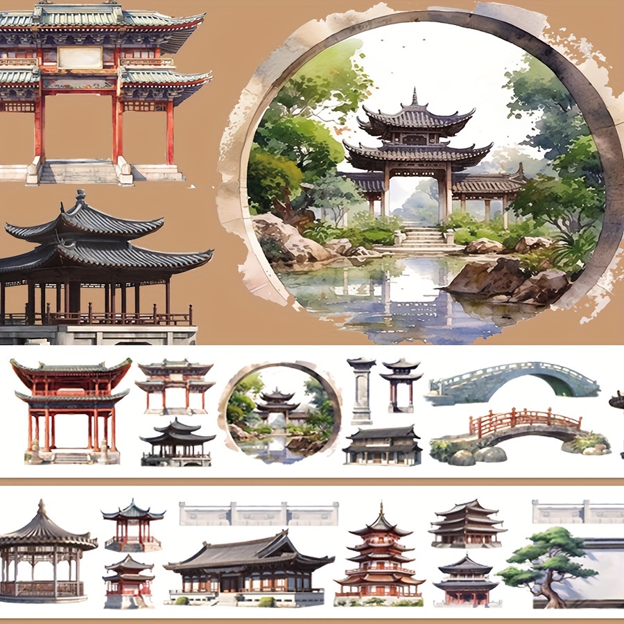 Image of 2m/roll Chinese Garden Architecture Pet Washi Tape Decorative Tape Ideal For Sticker Scrapbooking Journaling Card Making And Stationery Projects