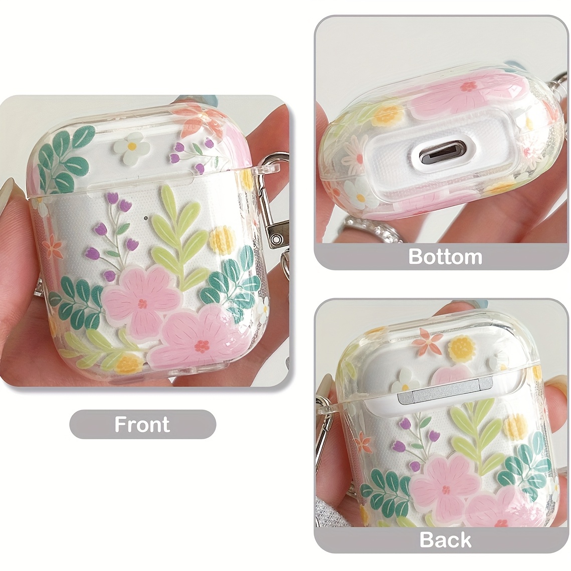 

An Floral Pattern Tpu Transparent Case With Hook For Wireless Headphones - Fits For , For Airpods 3, For Airpods Pro & For Covers