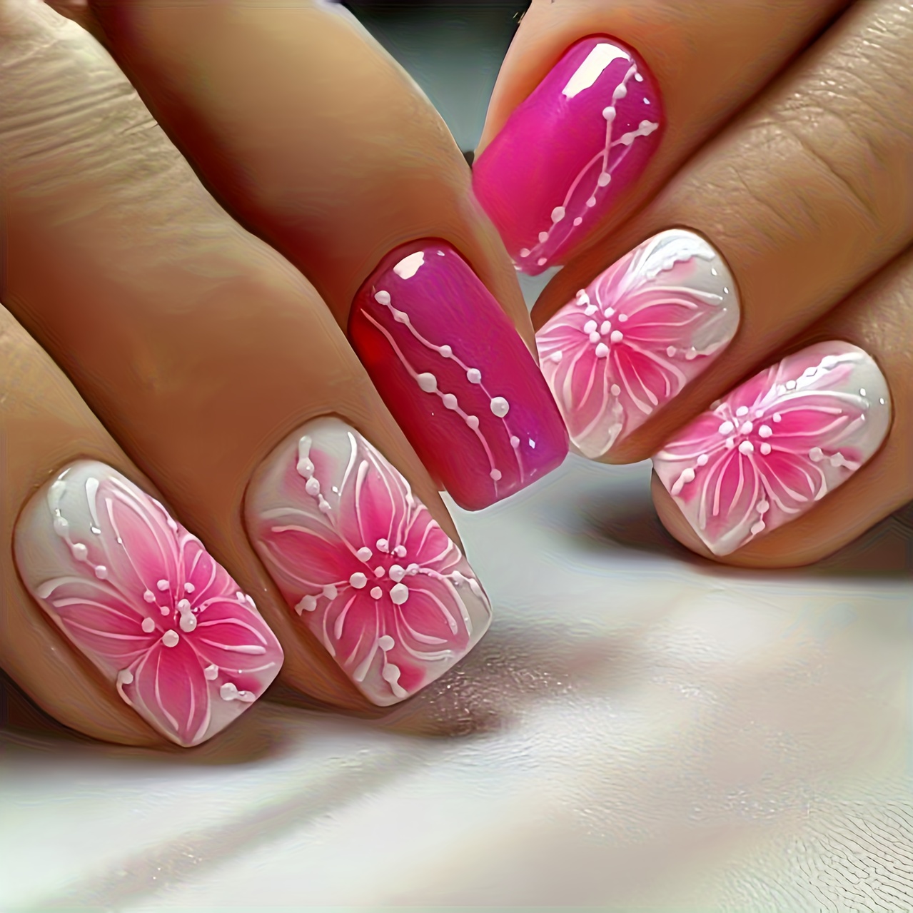Image of 24pcs Valentine's Day Style " " Rhinestone Love Heart Flower Cluster Wearable Press-on Fake Nails, Valentine's Day Nail Art