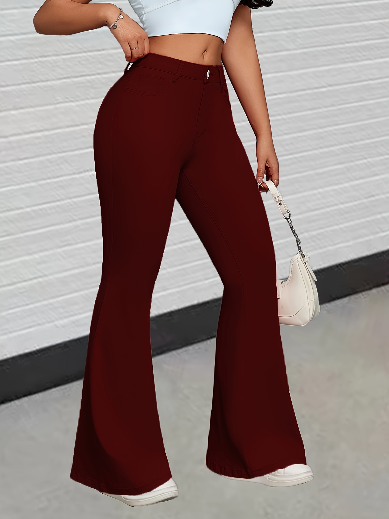 Plain Dark Red Flare Leg Stretchy Chi Bell Bottom Jeans, Women's Denim  Jeans Clothing - Main Image