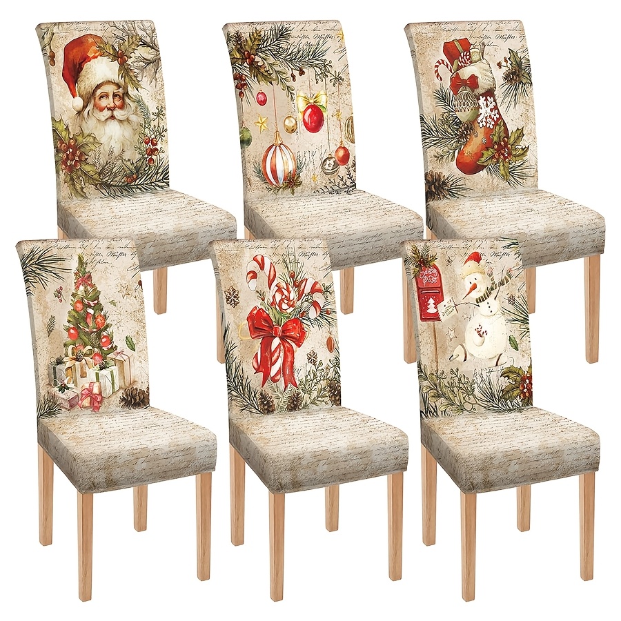 TEMU 6pcs Dokriy Stretchable Washable Vintage Christmas Chair Covers Elastic -piece Suitable For Dining Chairs, Elastic Closure, Washable Seat