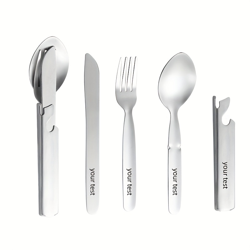 personalized and travel friendly stainless steel outdoor cutlery set with knife fork and spoon including bottle opener   stainless steel portable camping and travel gear in vintage golden and silvery color Product details 9