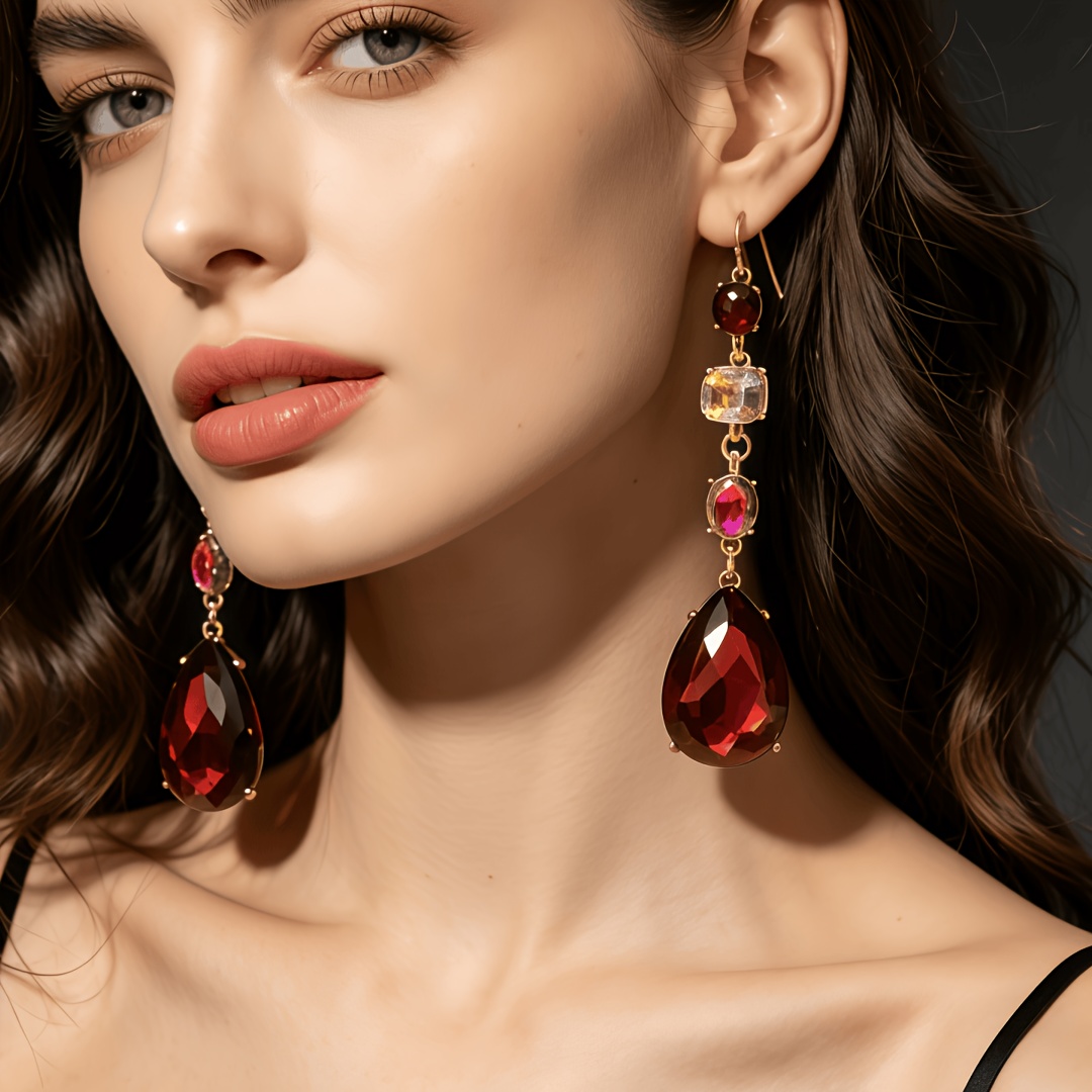 TEMU Une paire de longues boucles d'oreilles vintage exagérées avec incrustations de verre géométrique. Boucles d'oreilles élégantes, romantiques,